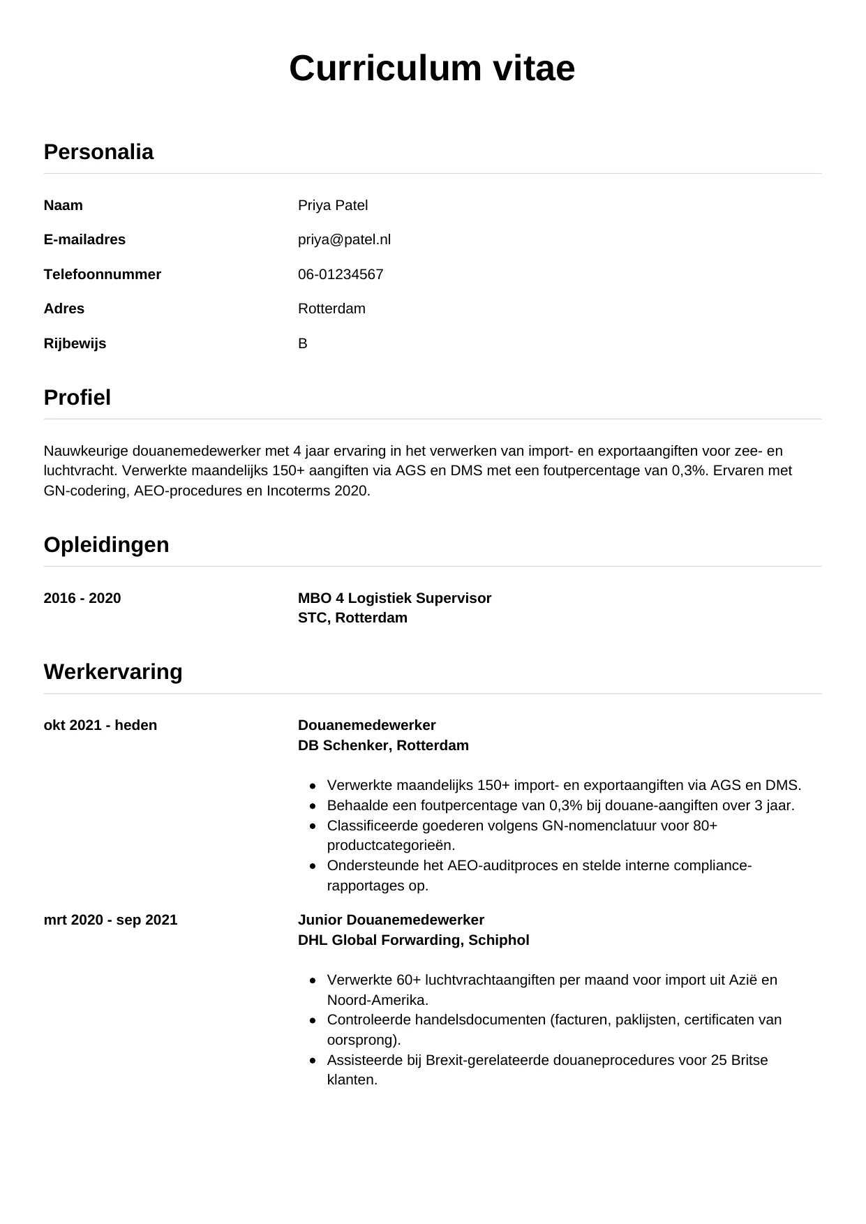 CV Simpel voor douanemedewerker