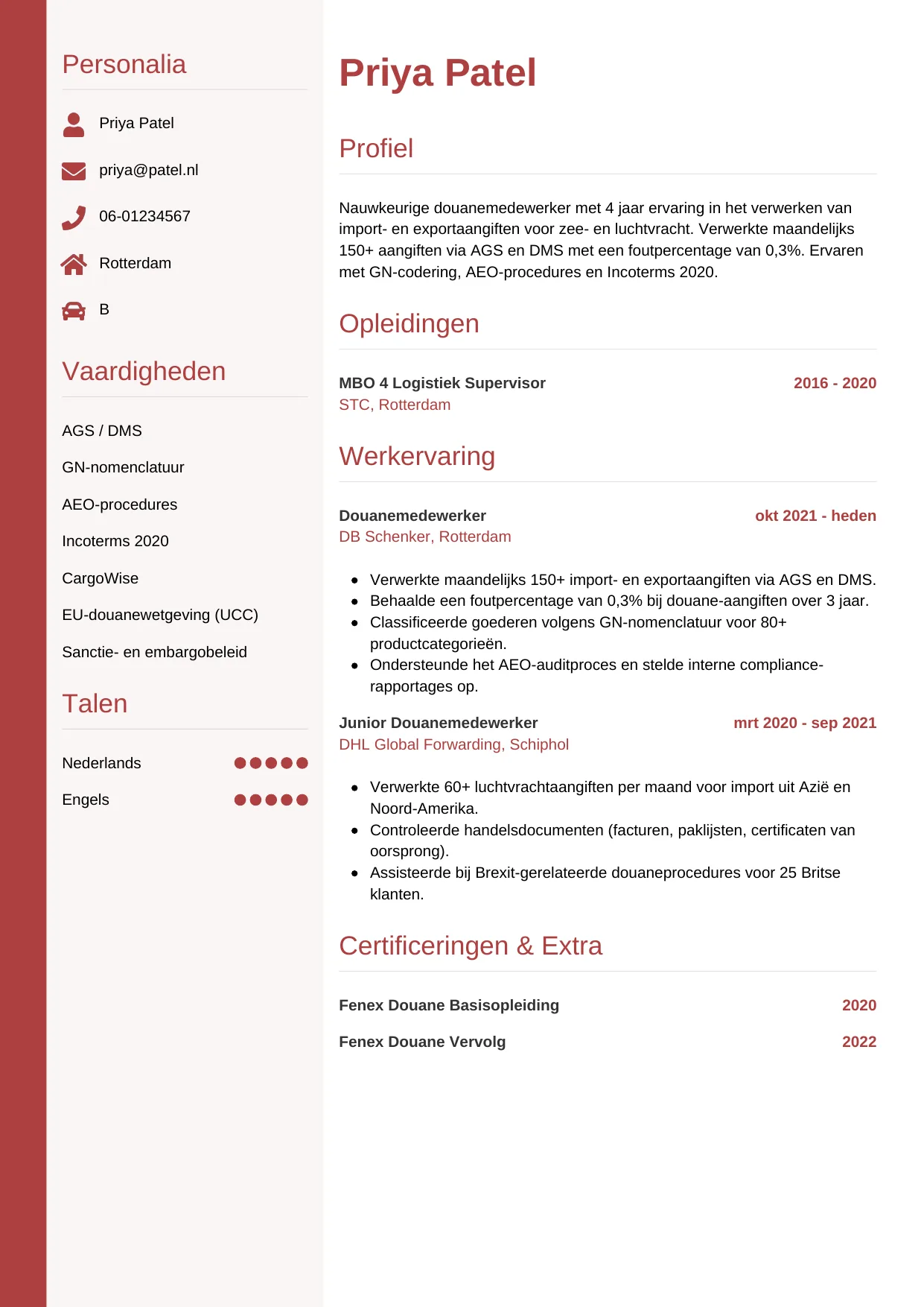CV Verticaal voor douanemedewerker