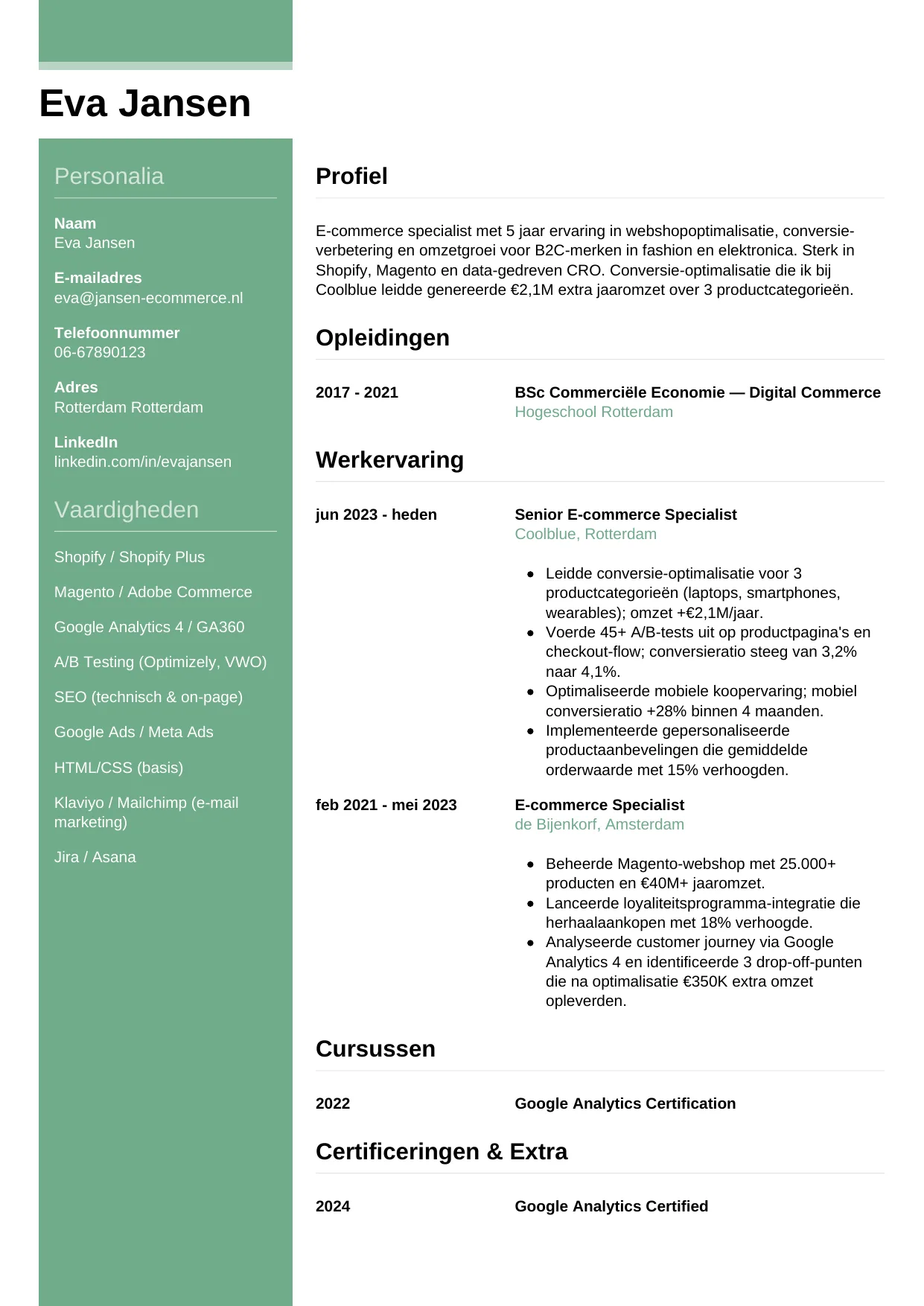 Voorbeeld CV voor e-commerce specialist in template Casual. CV Casual voor e-commerce specialist