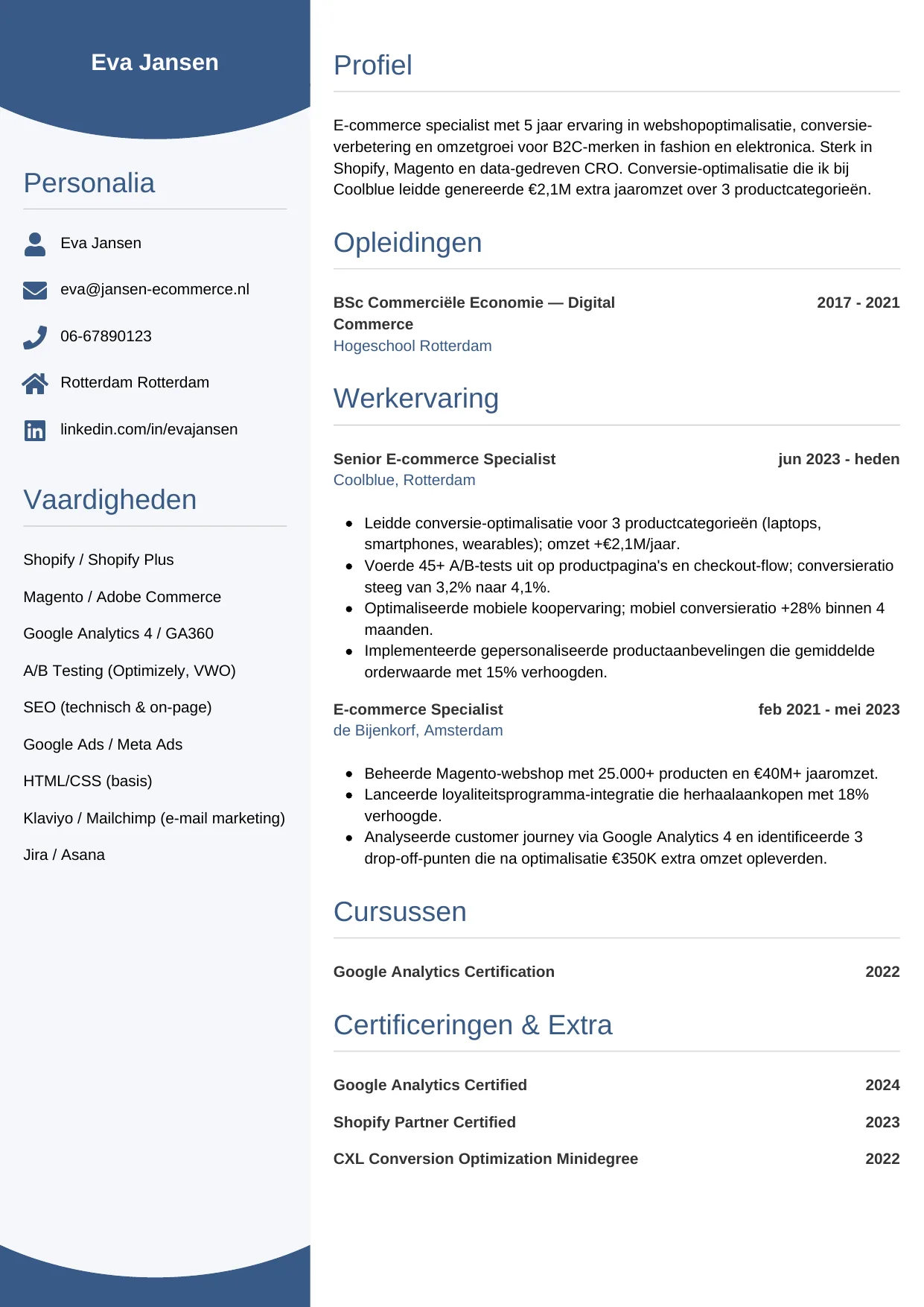 Voorbeeld CV voor e-commerce specialist in template Circulair. CV Circulair voor e-commerce specialist