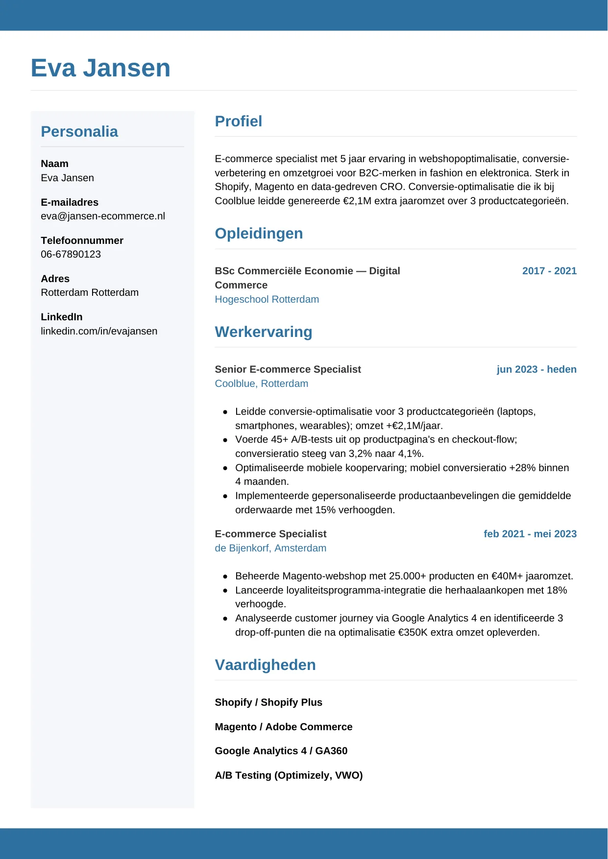 Voorbeeld CV voor e-commerce specialist in template Horizontaal. CV Horizontaal voor e-commerce specialist