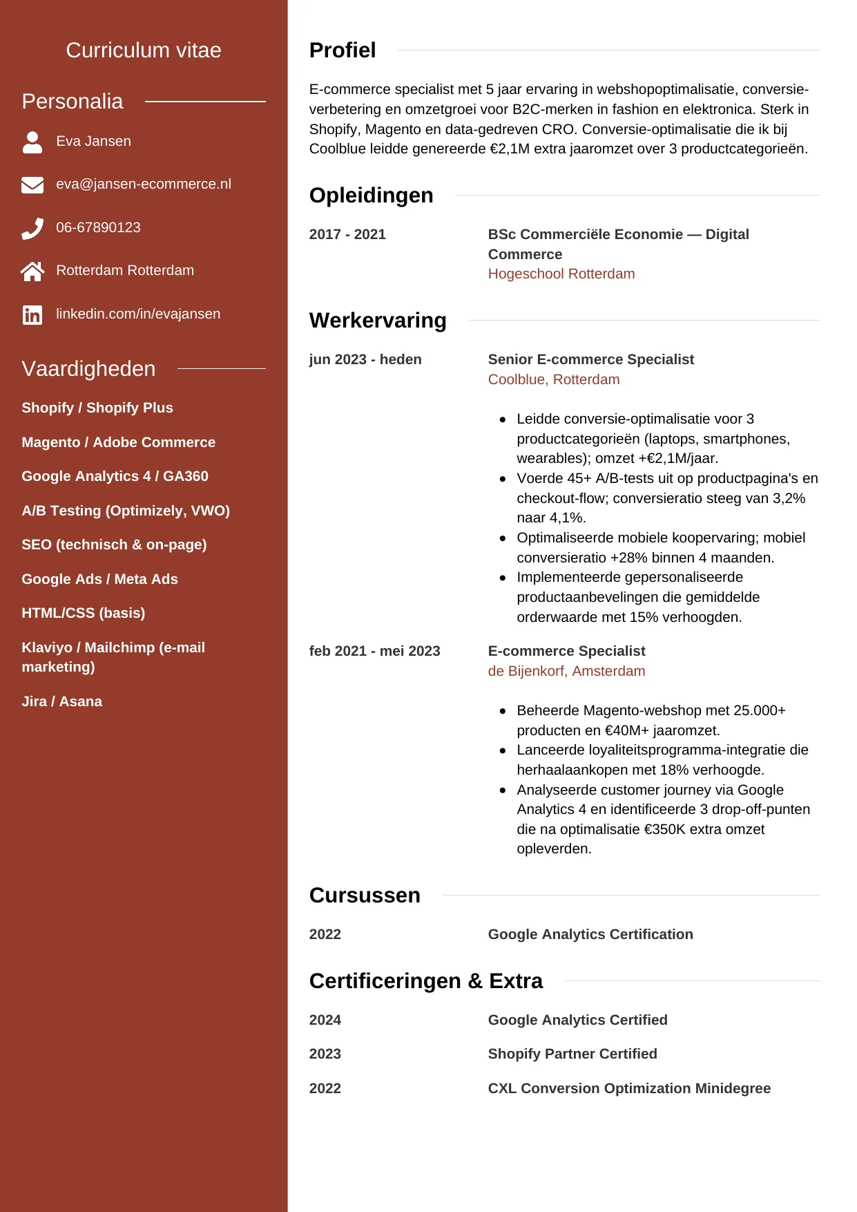 Voorbeeld CV voor e-commerce specialist in template Modern. CV Modern voor e-commerce specialist
