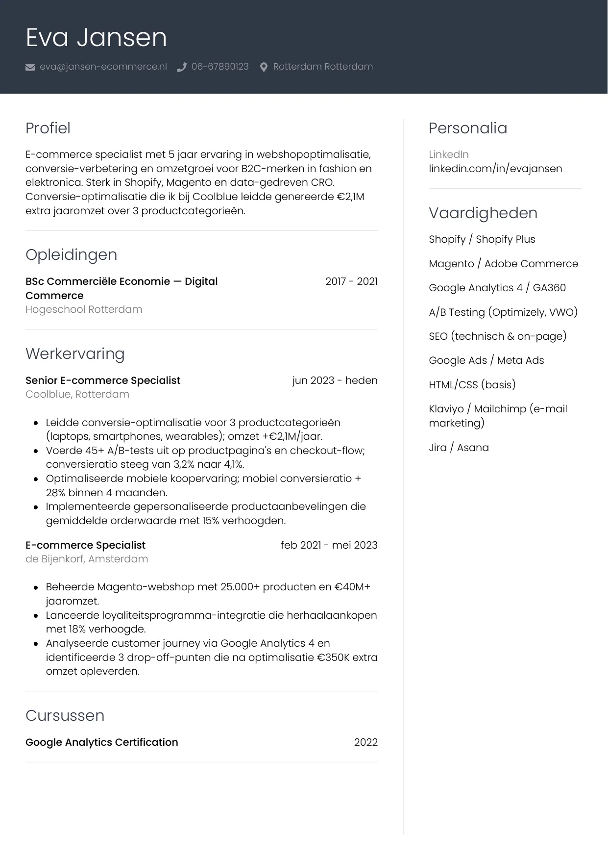 Voorbeeld CV voor e-commerce specialist in template Professioneel. CV Professioneel voor e-commerce specialist