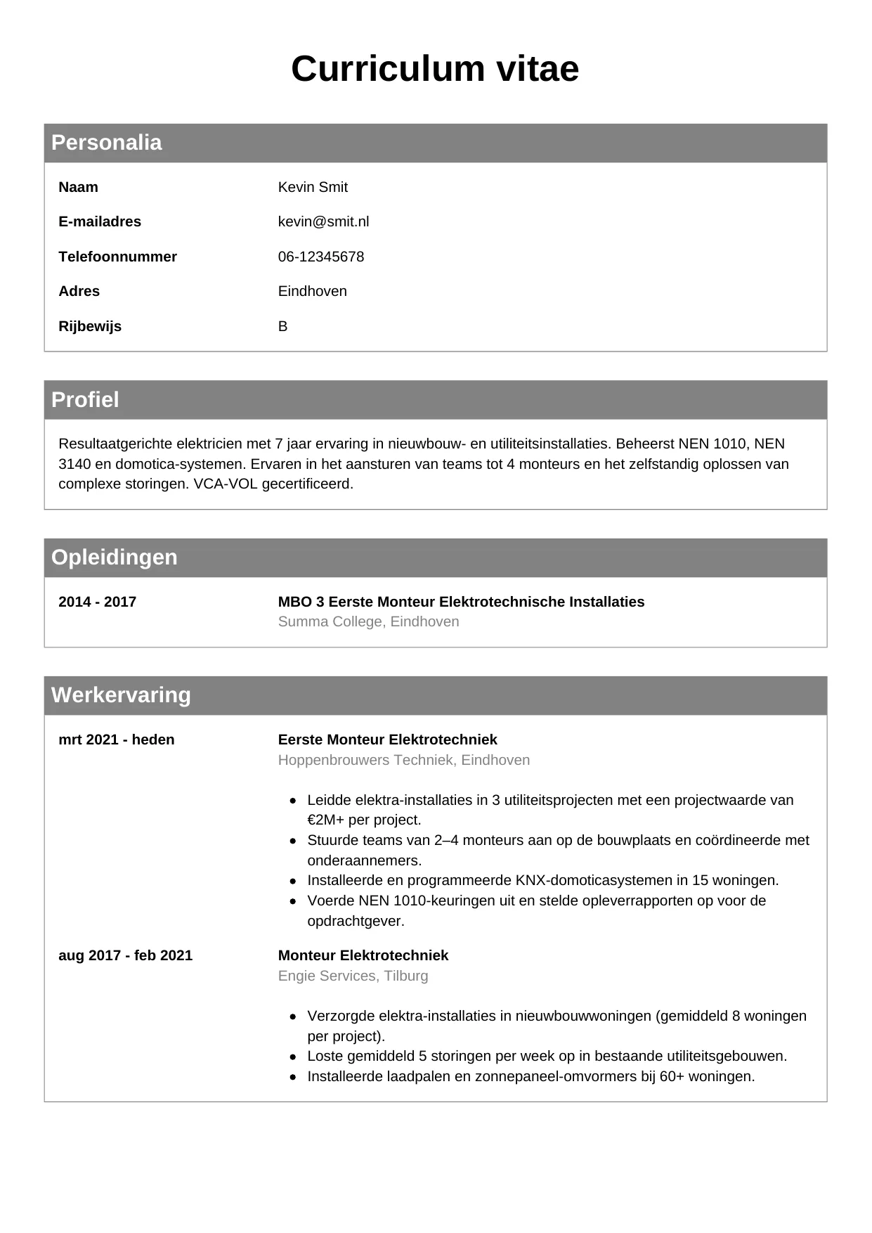 CV Klassiek voor elektricien