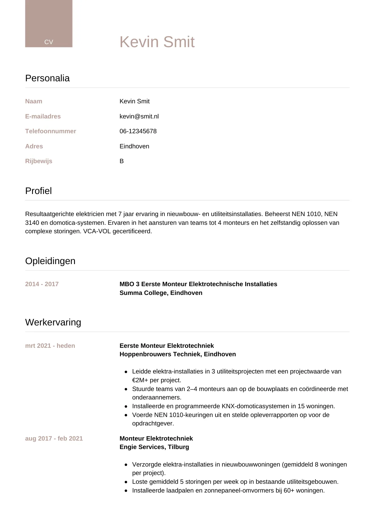 CV Luxe voor elektricien