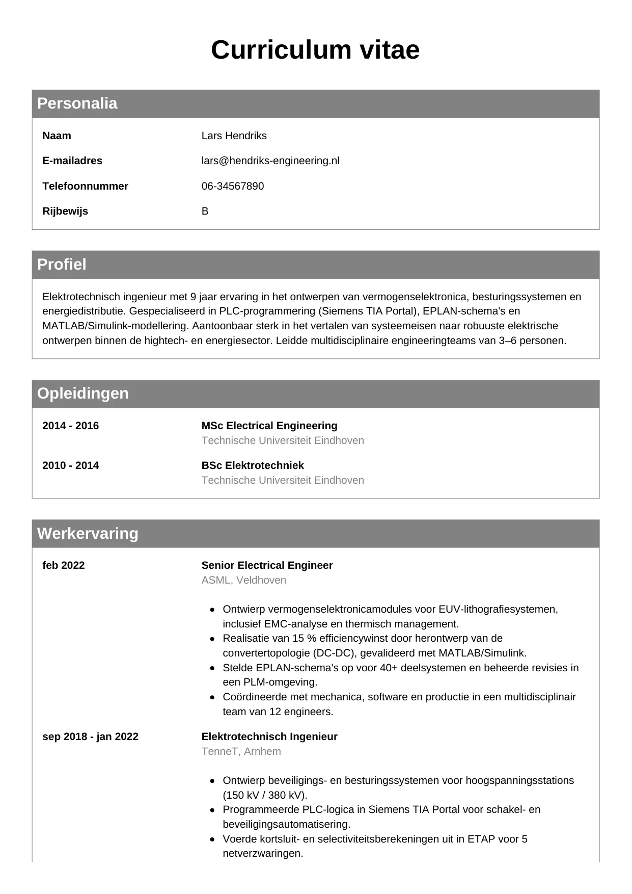 CV Klassiek voor elektrotechnisch ingenieur