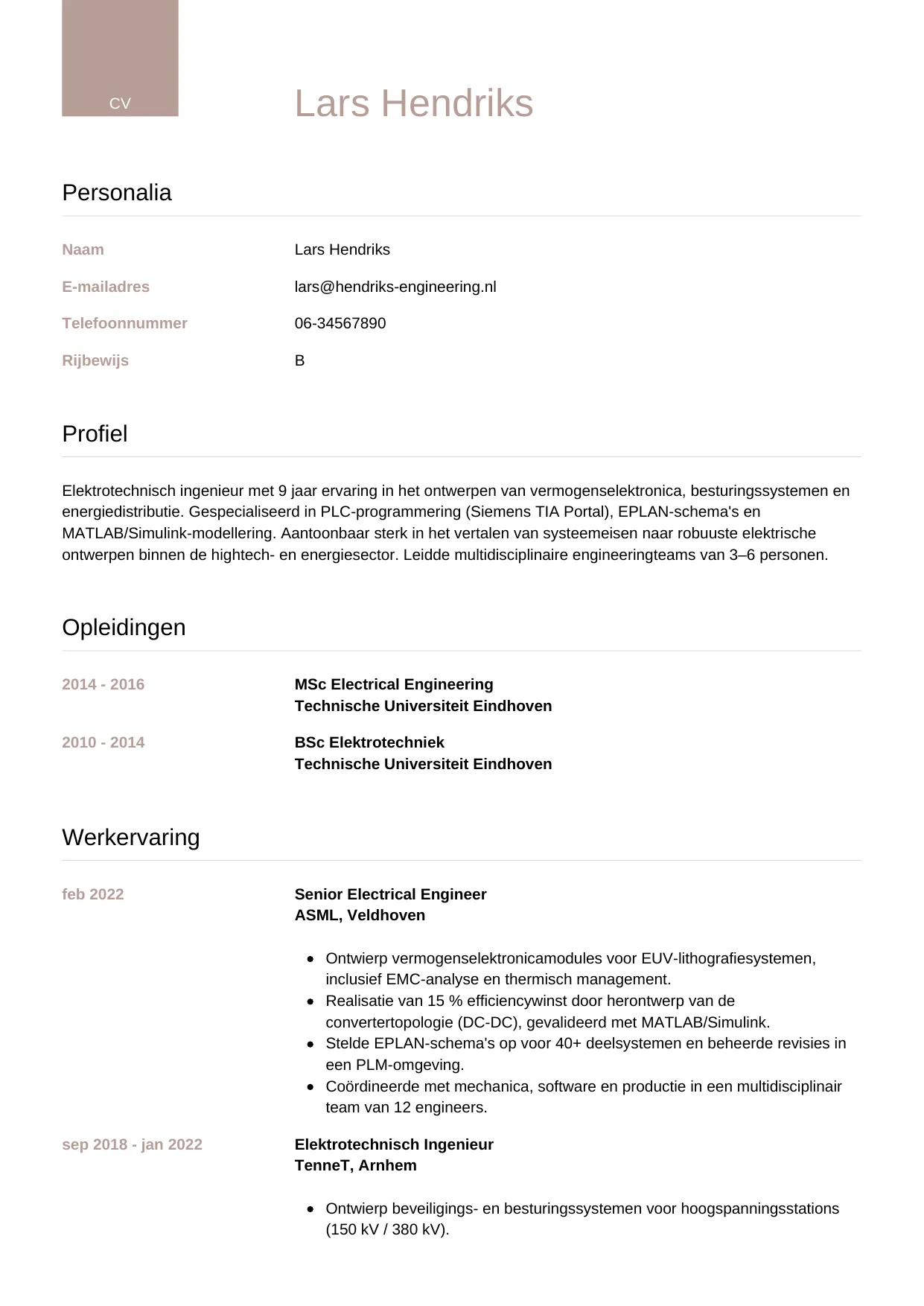 CV Luxe voor elektrotechnisch ingenieur