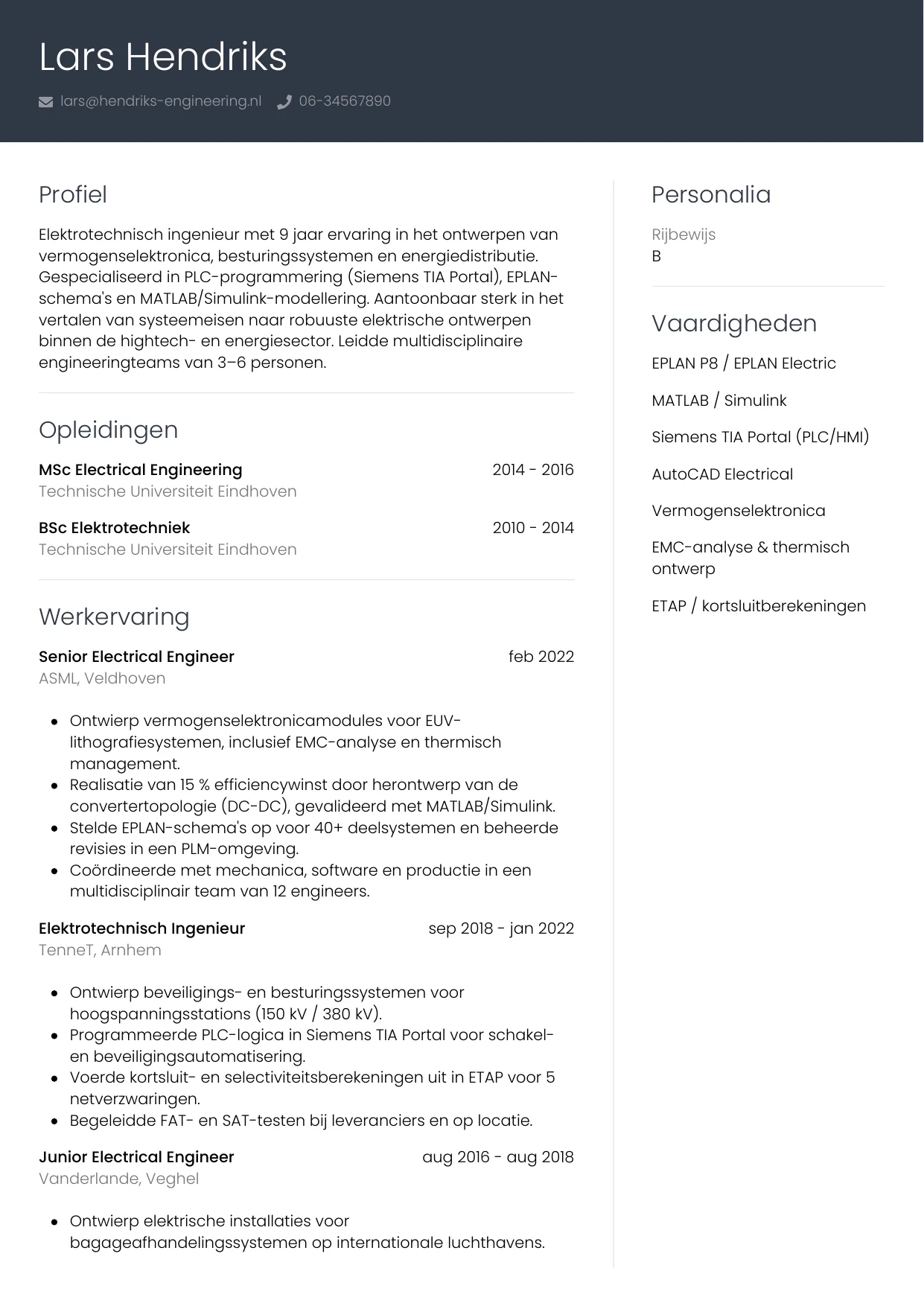 CV Professioneel voor elektrotechnisch ingenieur