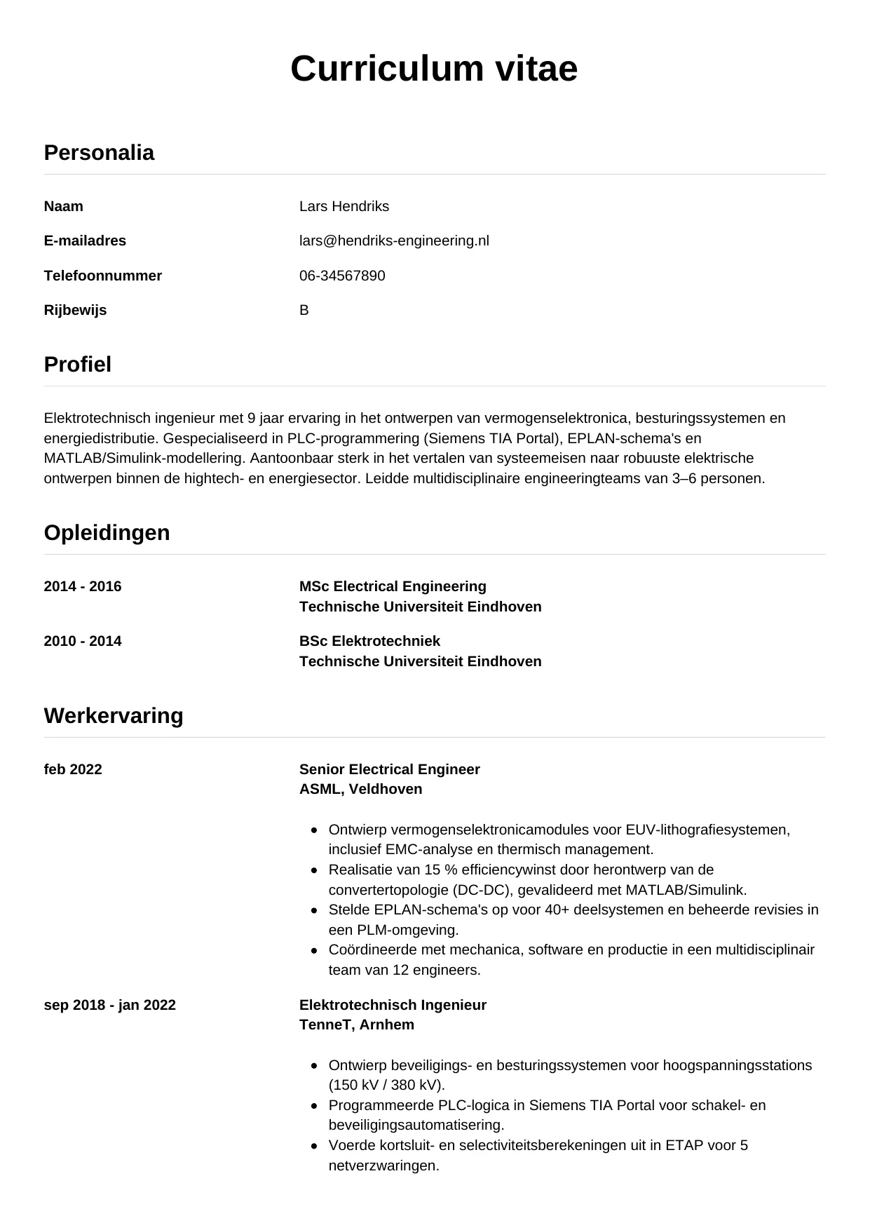 CV Simpel voor elektrotechnisch ingenieur