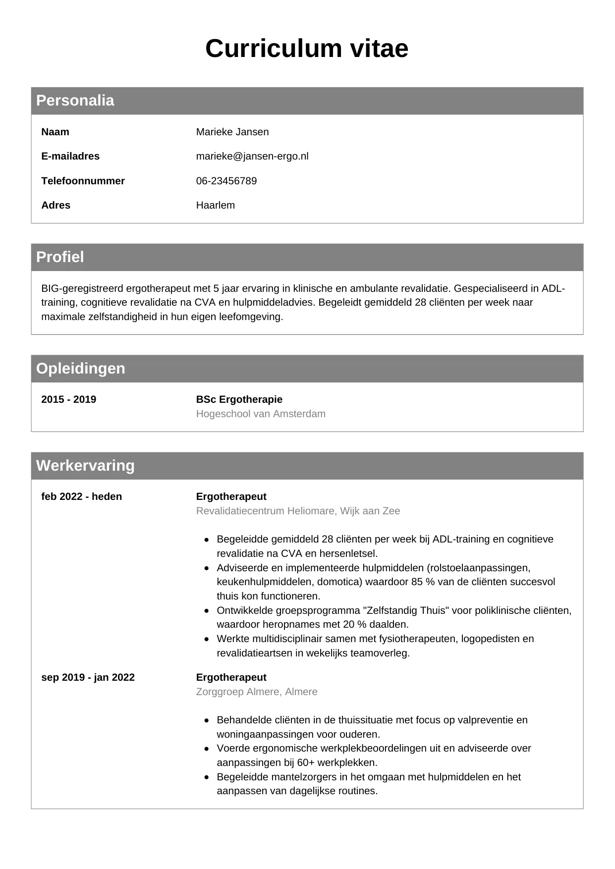 CV Klassiek voor ergotherapeut
