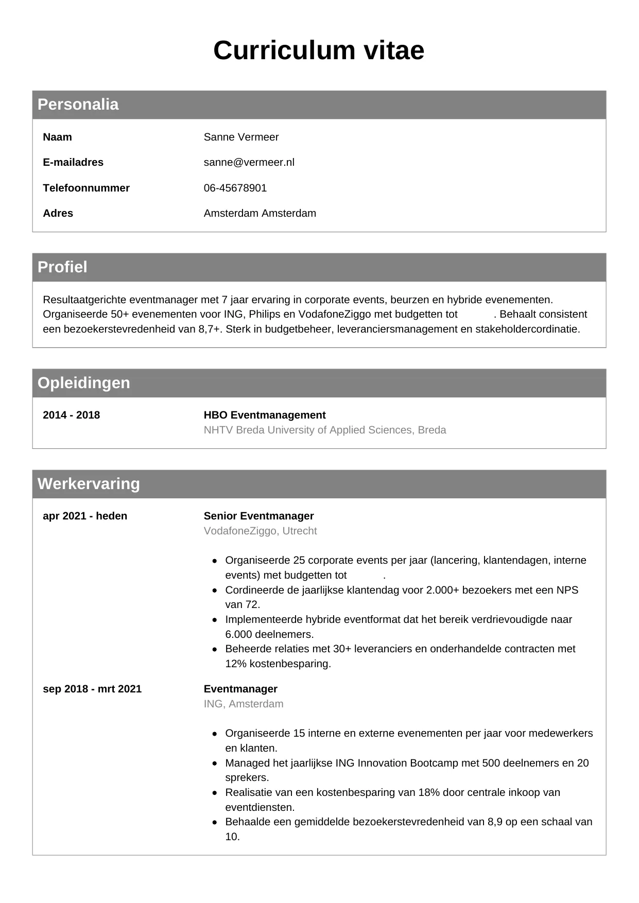 CV Klassiek voor eventmanager