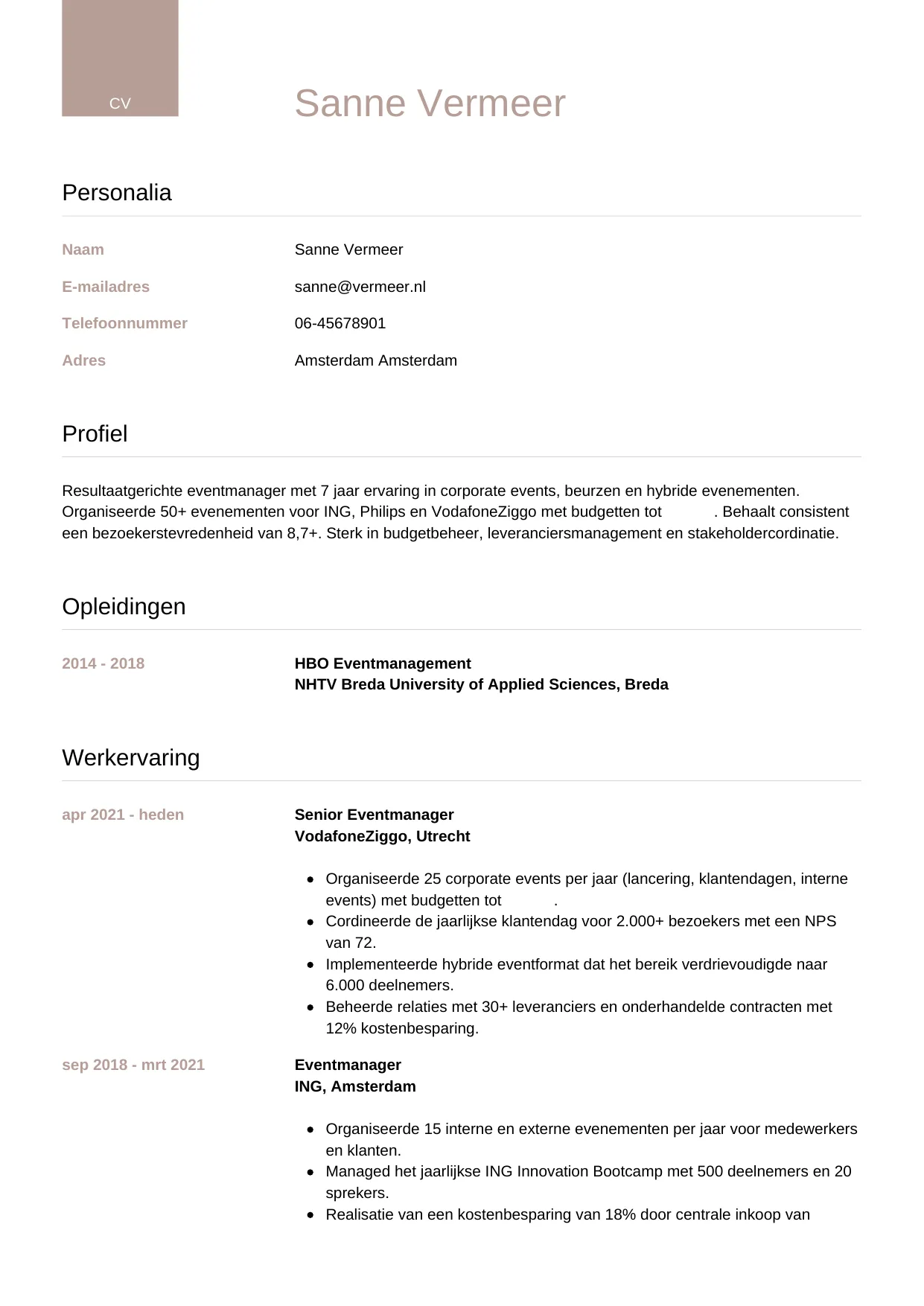 CV Luxe voor eventmanager