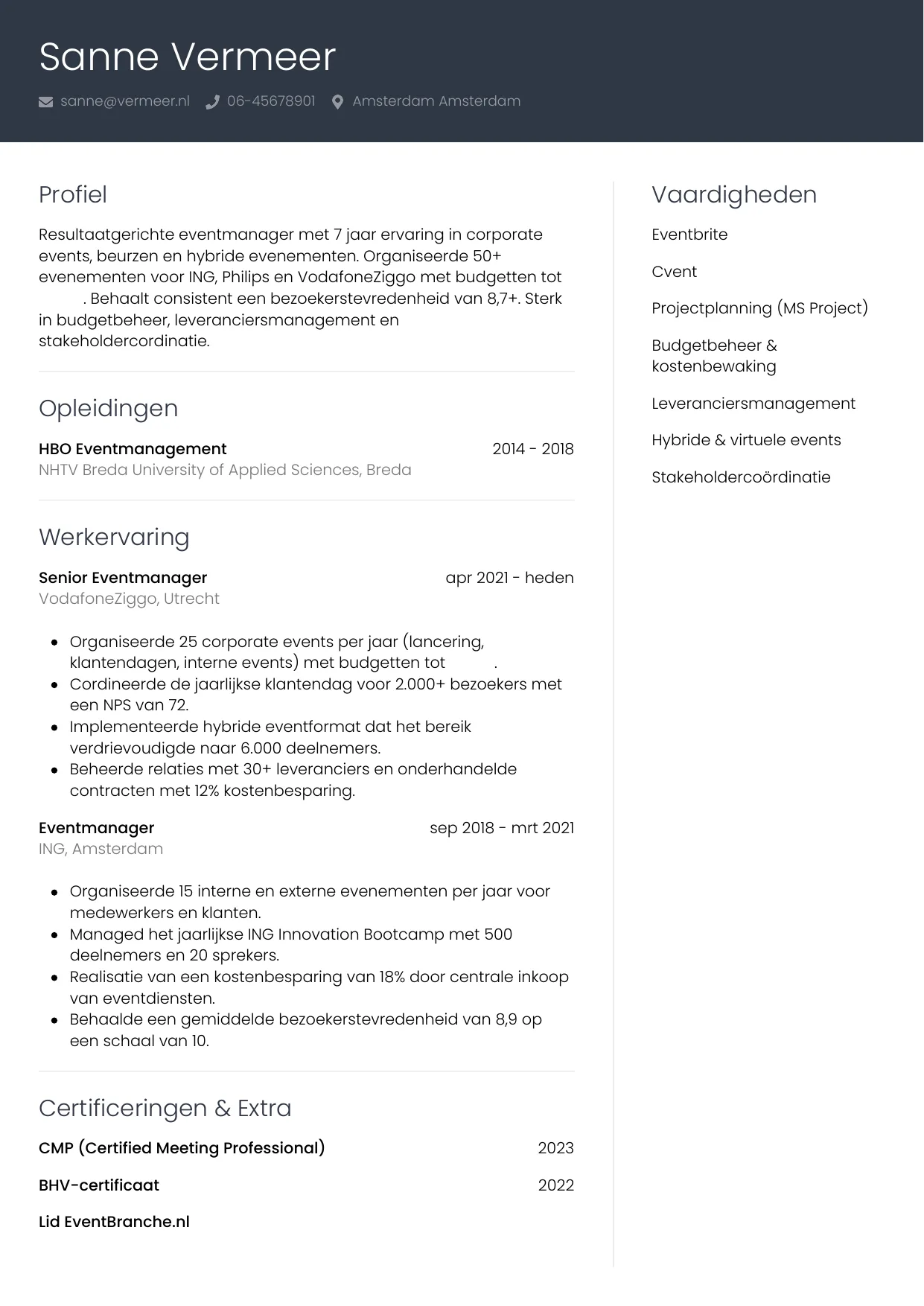 CV Professioneel voor eventmanager