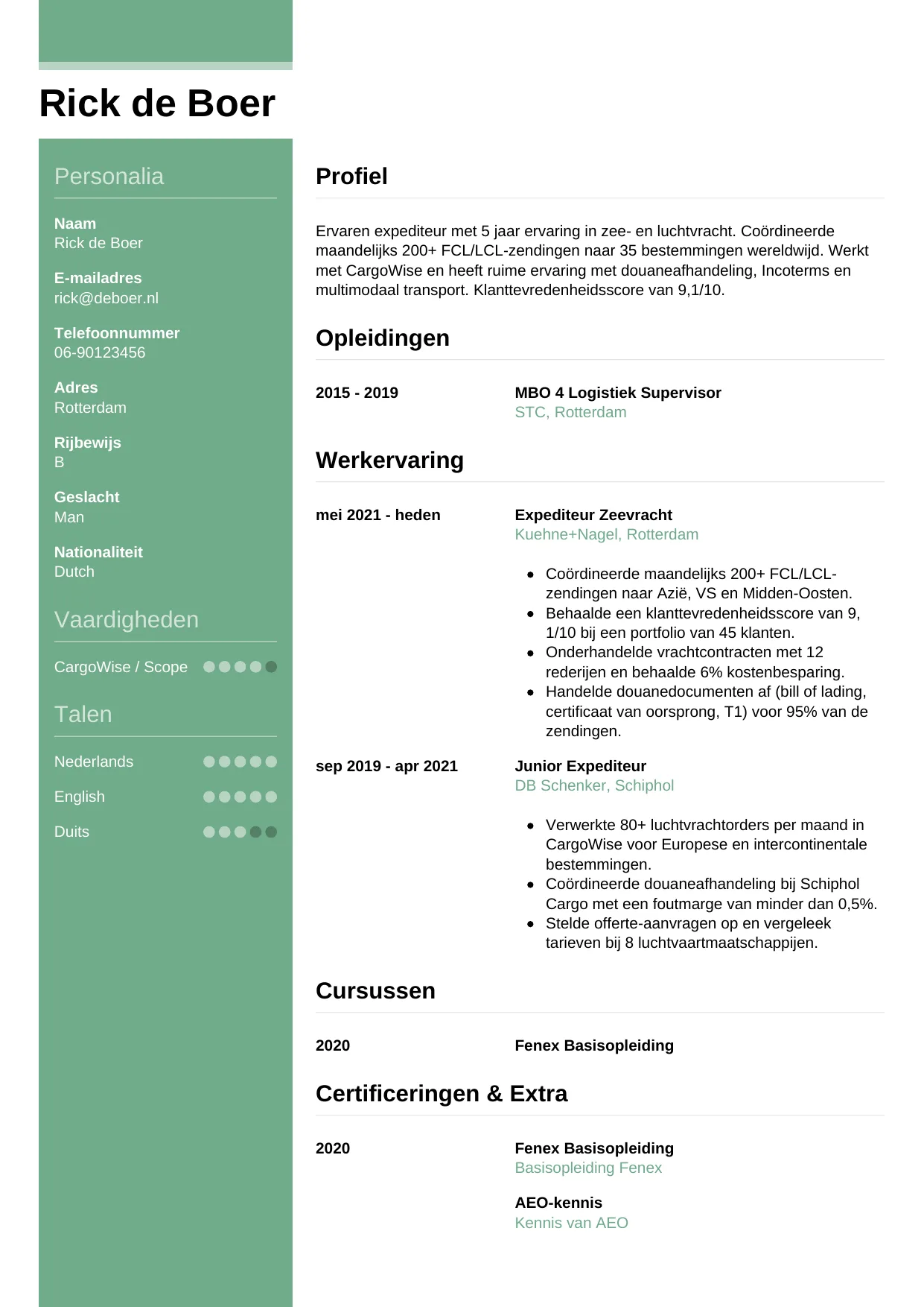 Voorbeeld CV voor expediteur in template Casual. CV Casual voor expediteur
