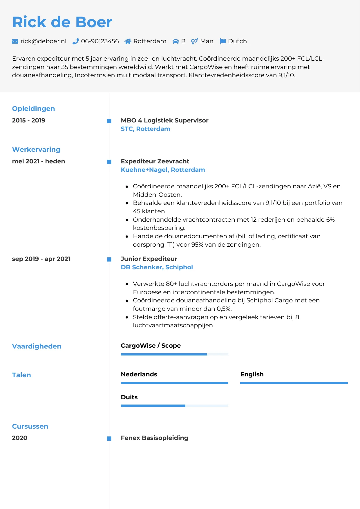 Voorbeeld CV voor expediteur in template Chrono. CV Chrono voor expediteur