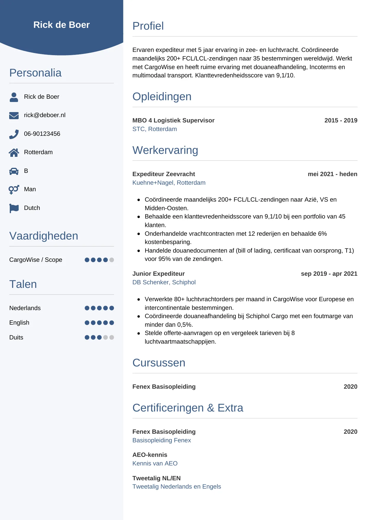 Voorbeeld CV voor expediteur in template Circulair. CV Circulair voor expediteur