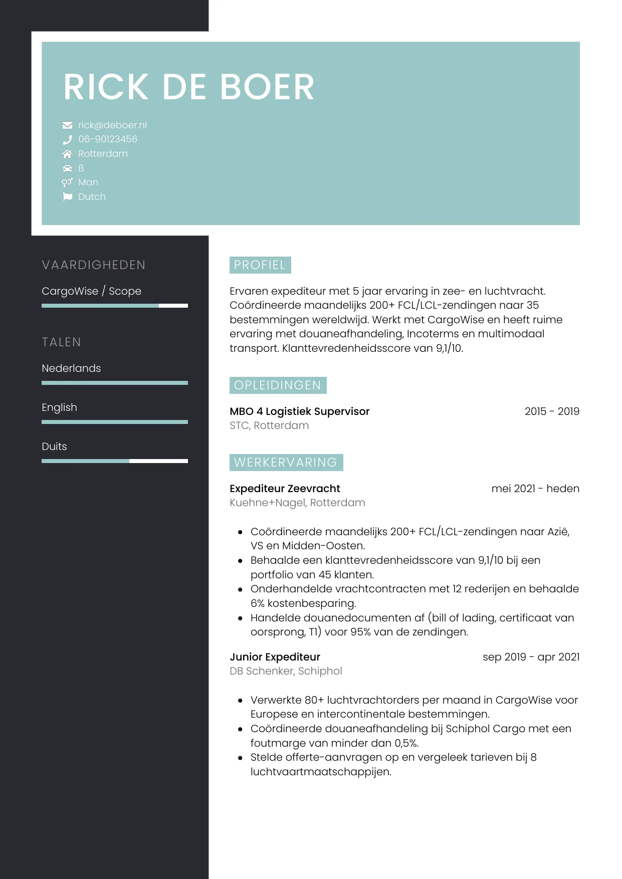 Voorbeeld CV voor expediteur in template Elegant. CV Elegant voor expediteur