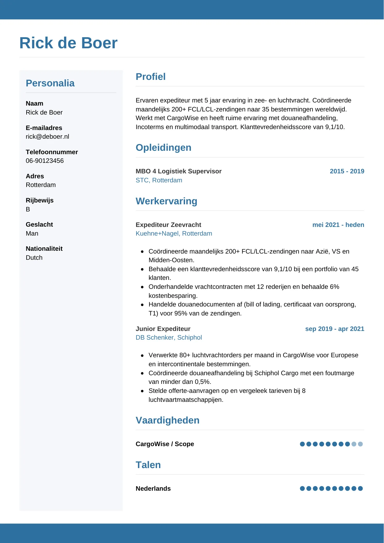 Voorbeeld CV voor expediteur in template Horizontaal. CV Horizontaal voor expediteur