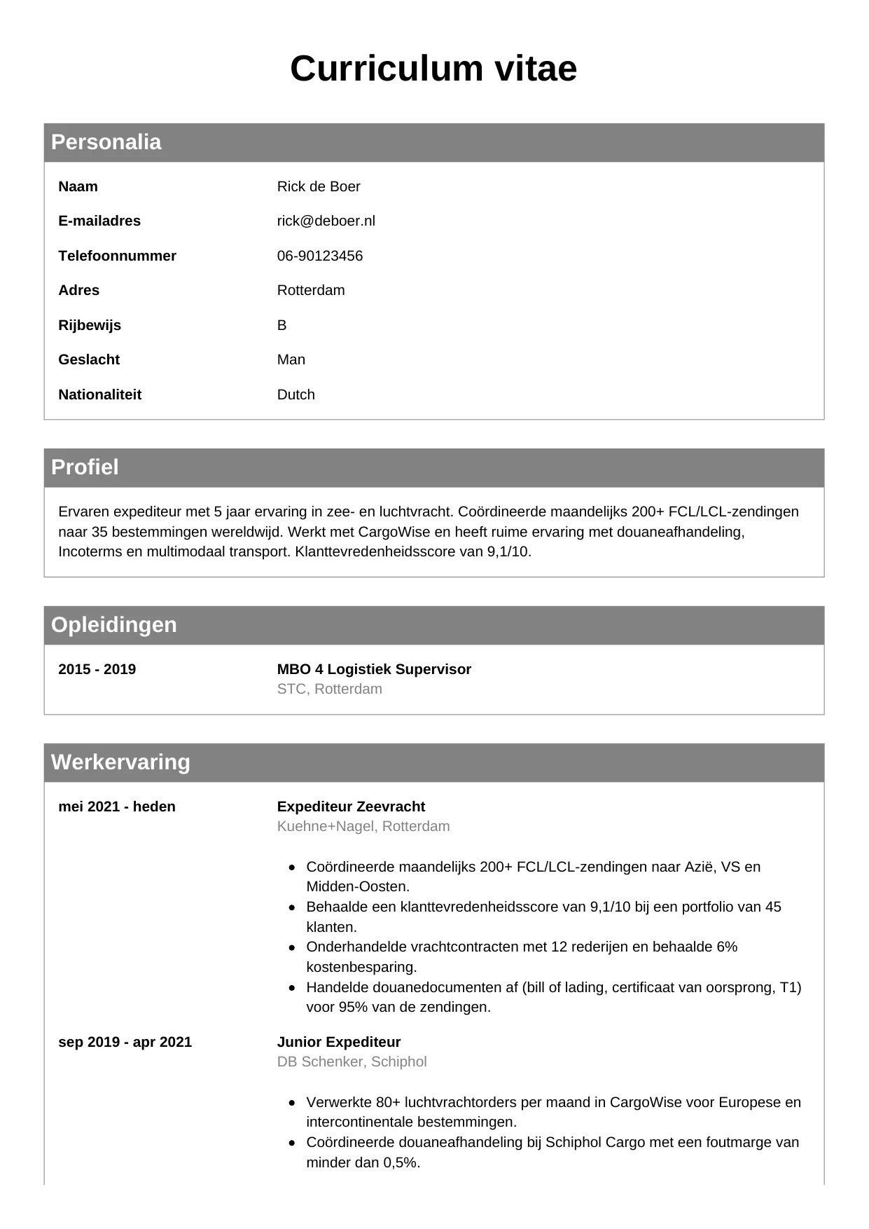 Voorbeeld CV voor expediteur in template Klassiek. CV Klassiek voor expediteur
