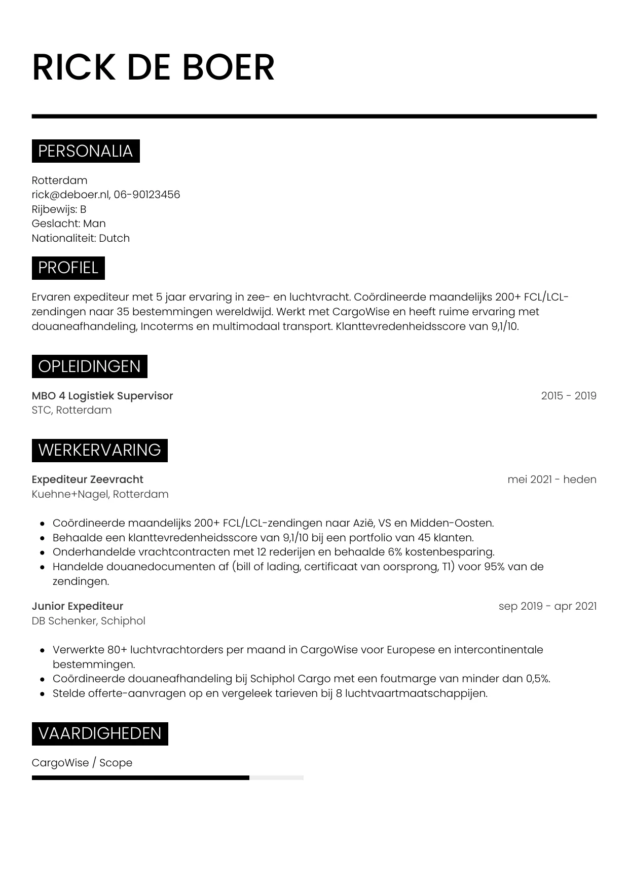 Voorbeeld CV voor expediteur in template Metro. CV Metro voor expediteur