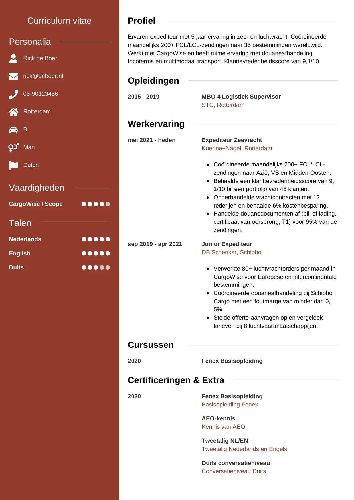 Voorbeeld CV voor expediteur in template Modern. CV Modern voor expediteur