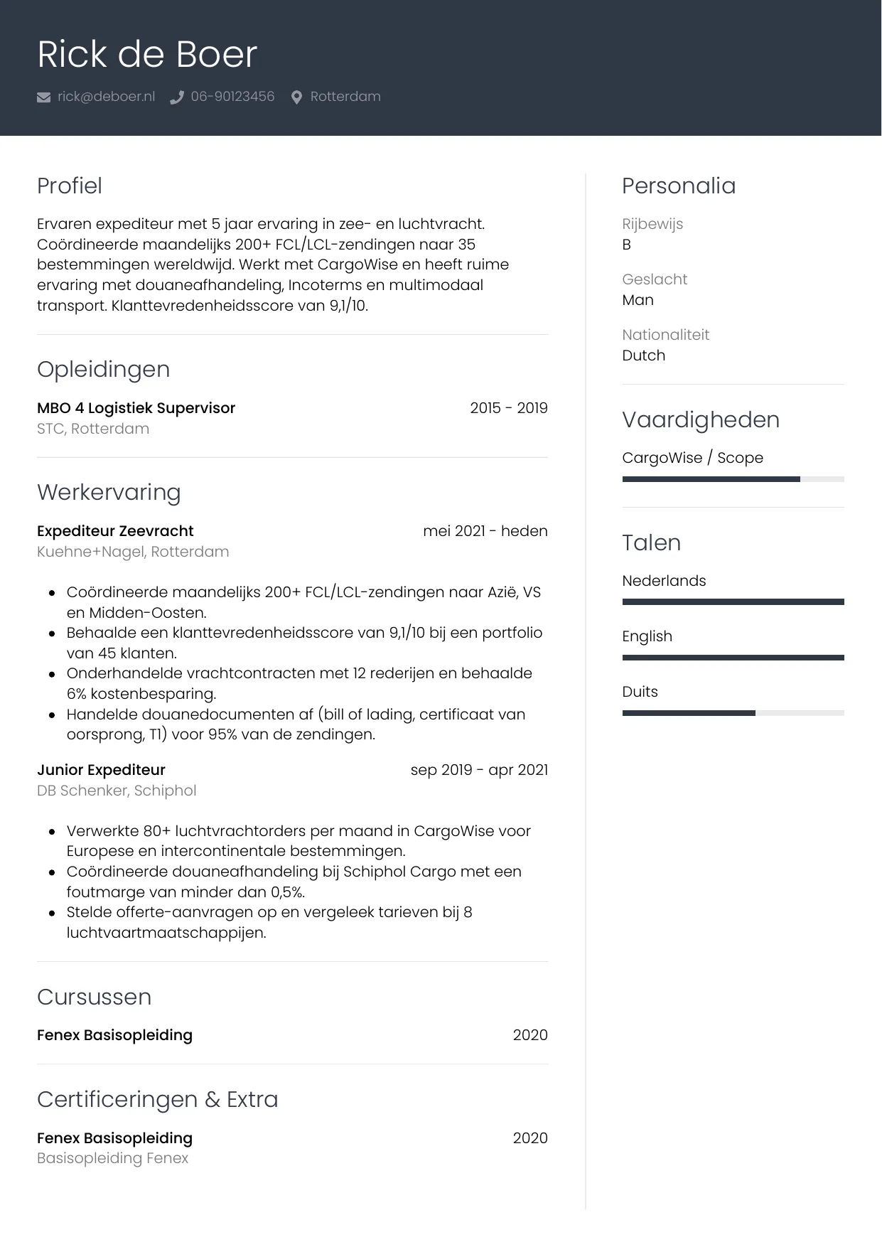 Voorbeeld CV voor expediteur in template Professioneel. CV Professioneel voor expediteur