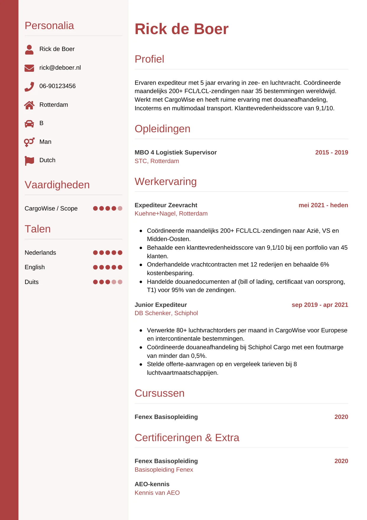 Voorbeeld CV voor expediteur in template Verticaal. CV Verticaal voor expediteur