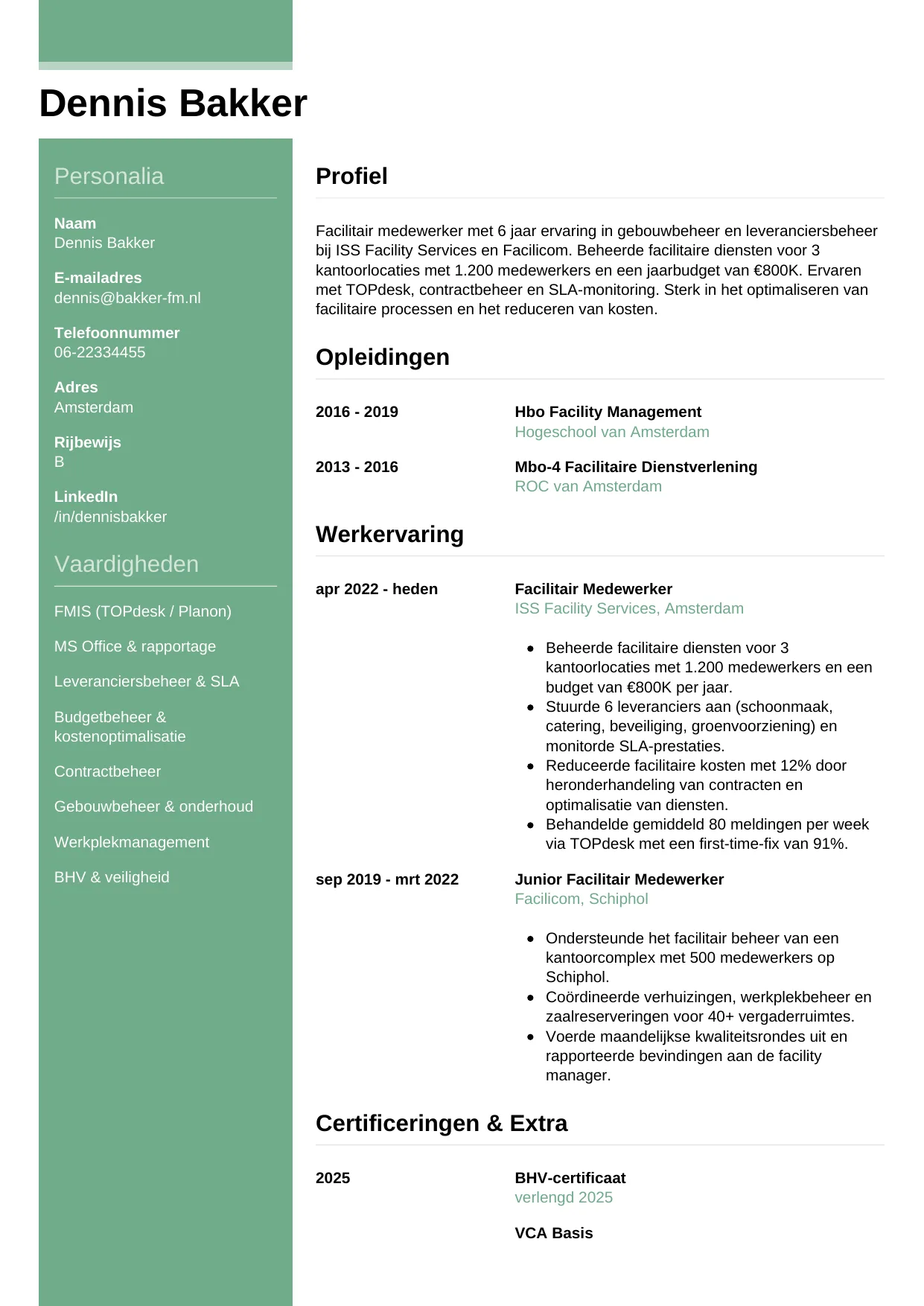 Voorbeeld CV voor facilitair medewerker in template Casual. CV Casual voor facilitair medewerker