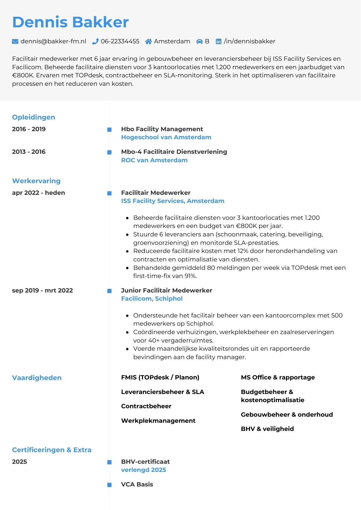 Voorbeeld CV voor facilitair medewerker in template Chrono. CV Chrono voor facilitair medewerker