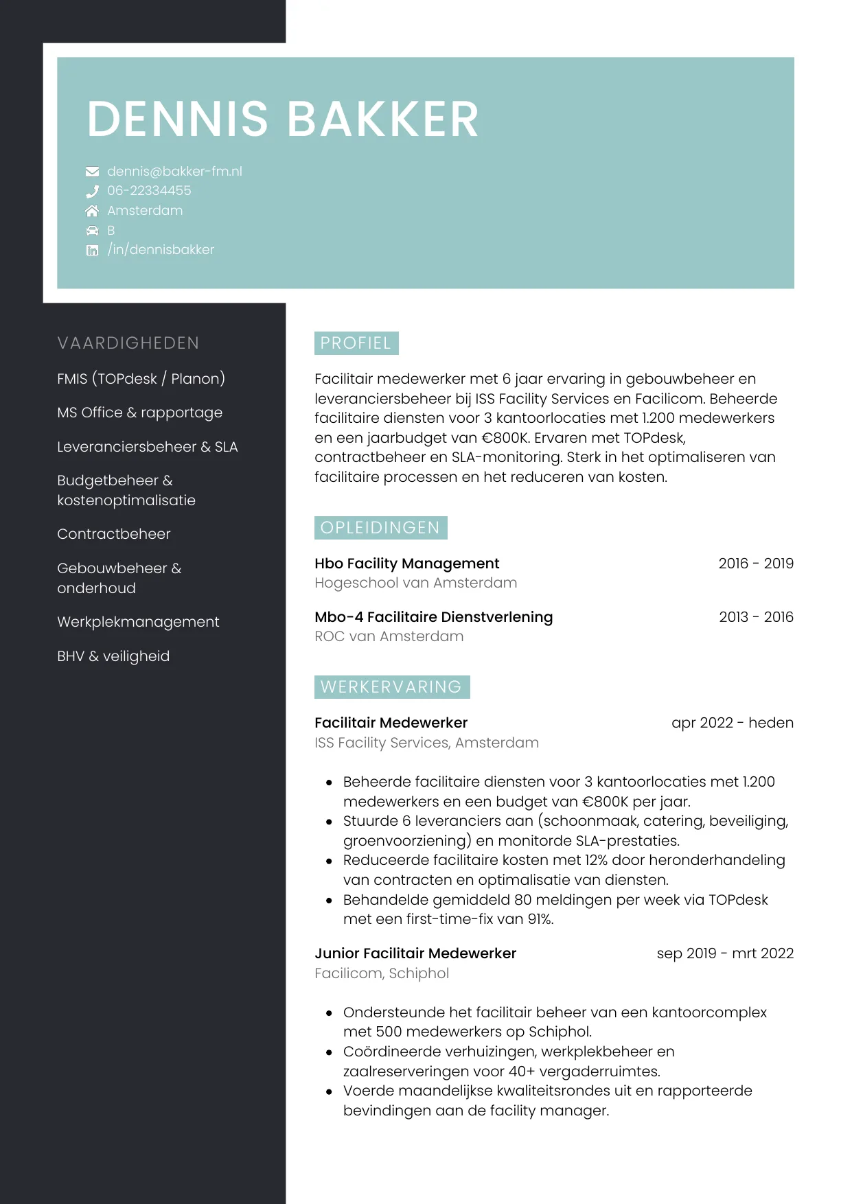Voorbeeld CV voor facilitair medewerker in template Elegant. CV Elegant voor facilitair medewerker