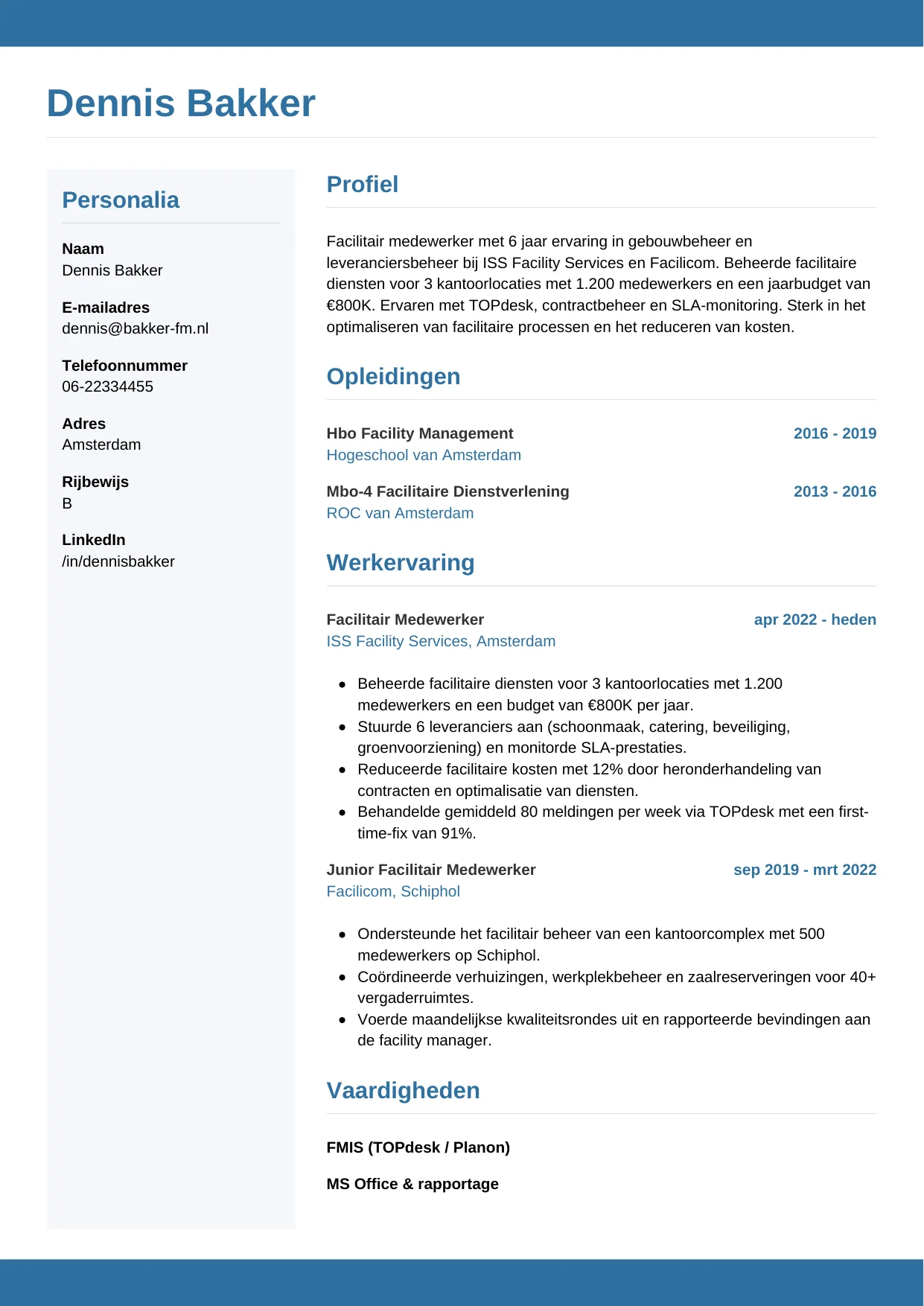 Voorbeeld CV voor facilitair medewerker in template Horizontaal. CV Horizontaal voor facilitair medewerker
