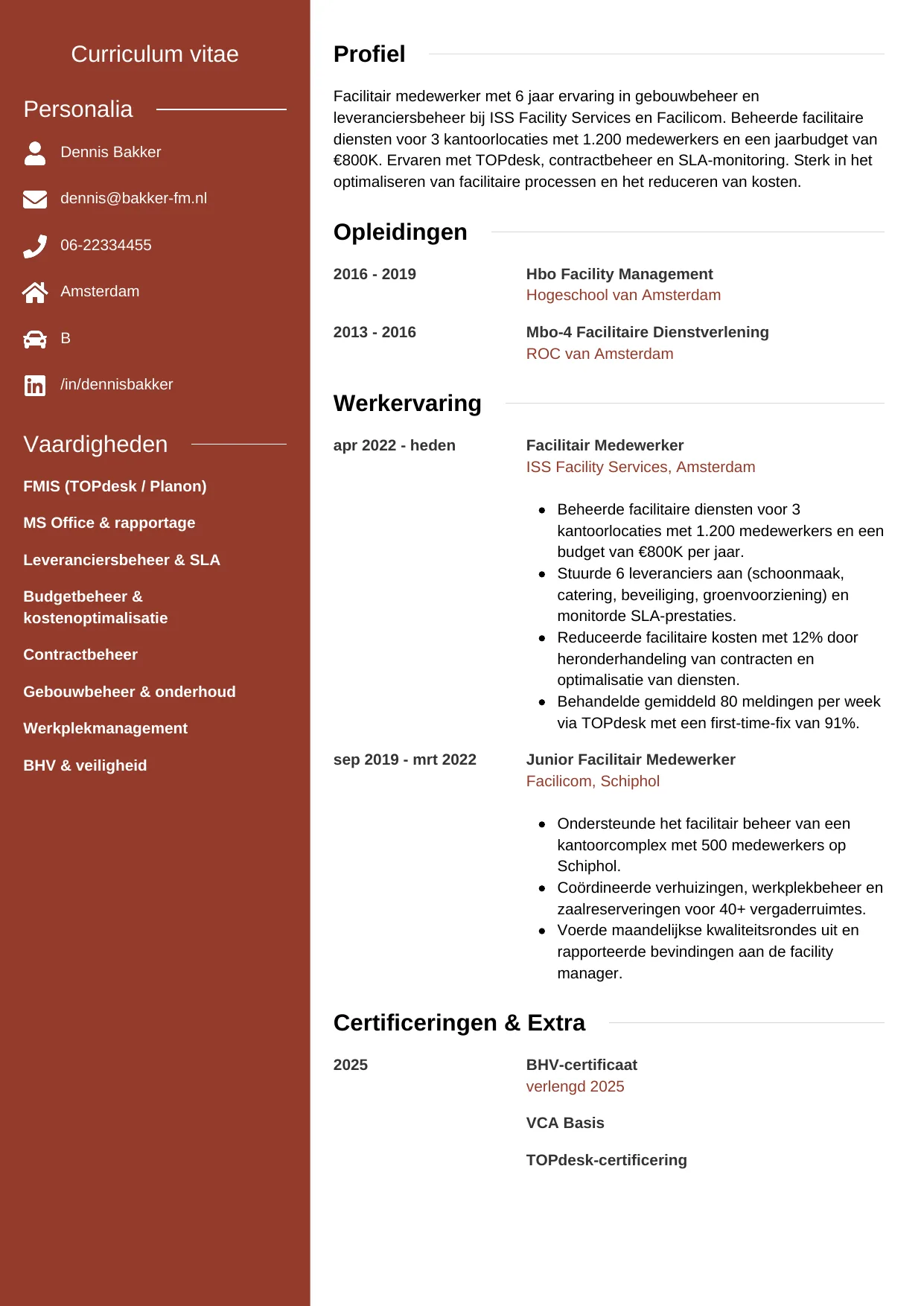 Voorbeeld CV voor facilitair medewerker in template Modern. CV Modern voor facilitair medewerker