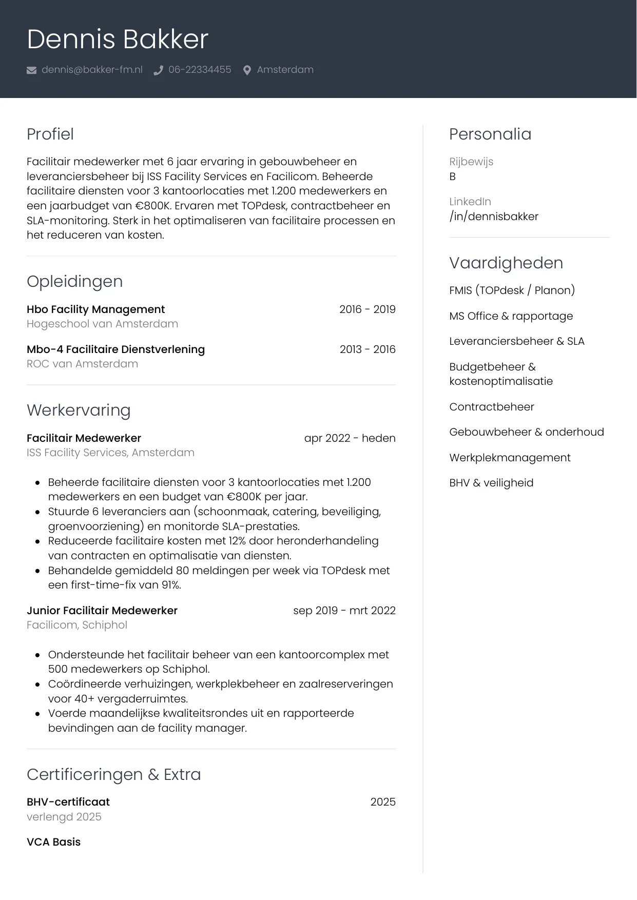 Voorbeeld CV voor facilitair medewerker in template Professioneel. CV Professioneel voor facilitair medewerker