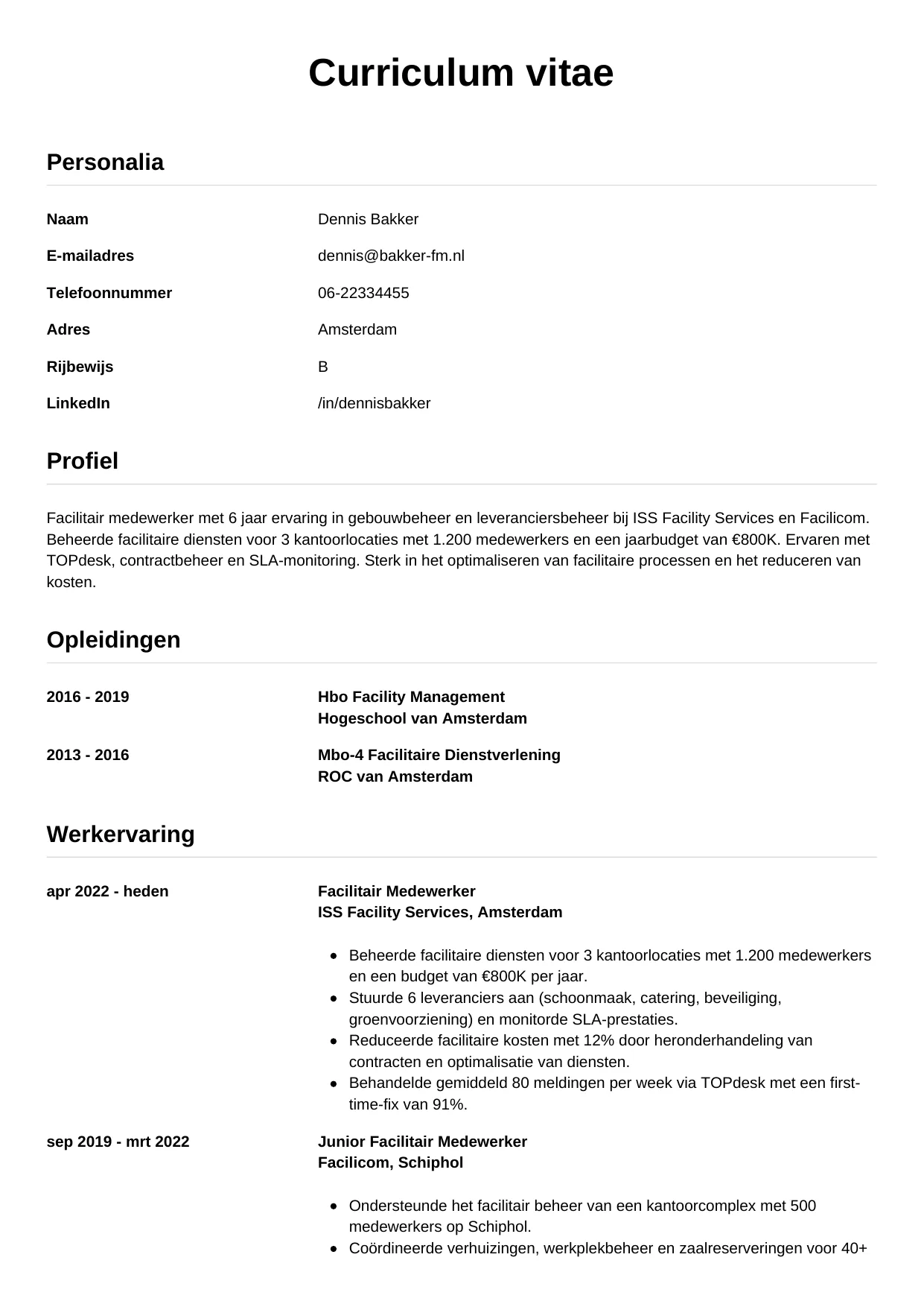 Voorbeeld CV voor facilitair medewerker in template Simpel. CV Simpel voor facilitair medewerker