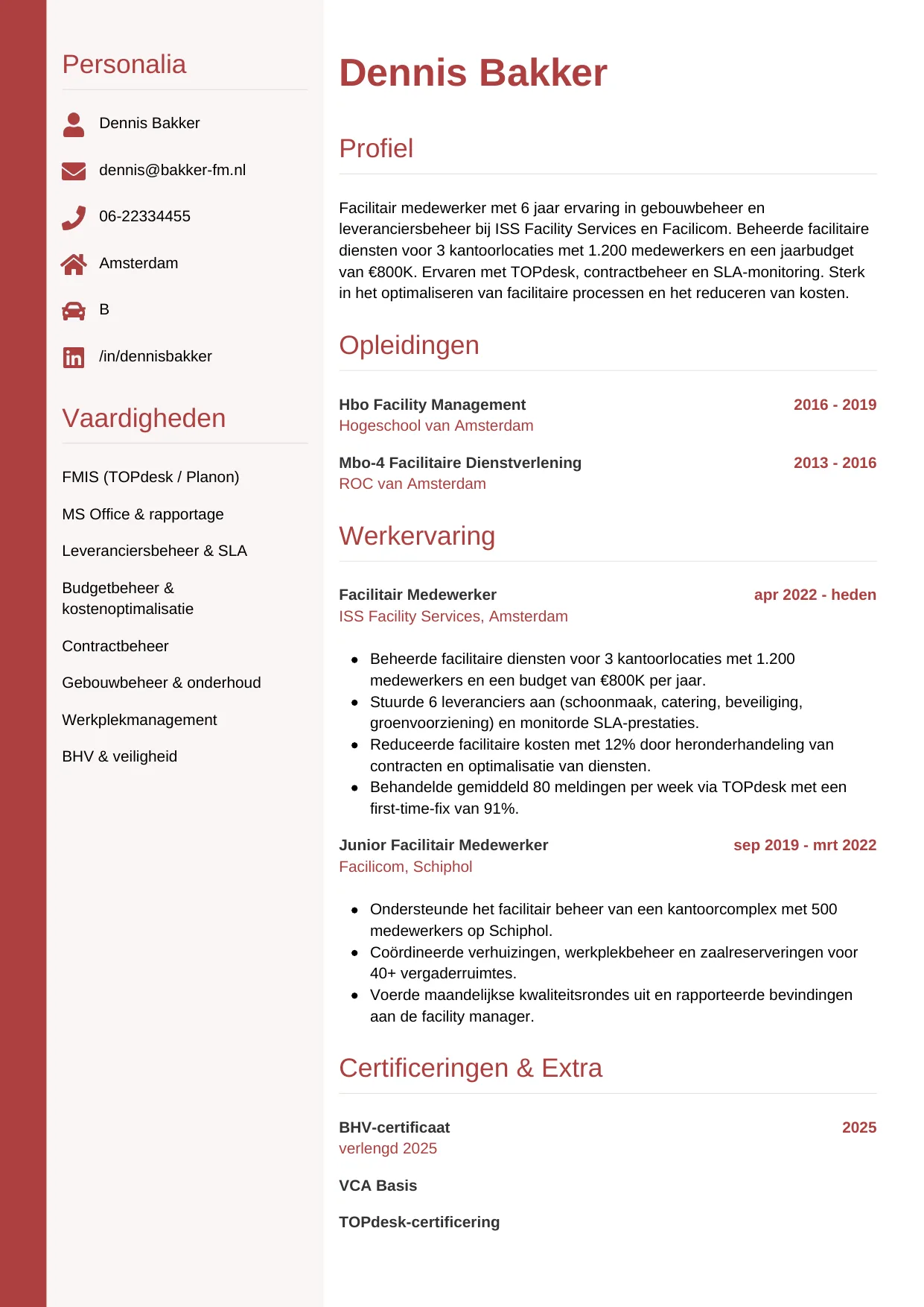 Voorbeeld CV voor facilitair medewerker in template Verticaal. CV Verticaal voor facilitair medewerker