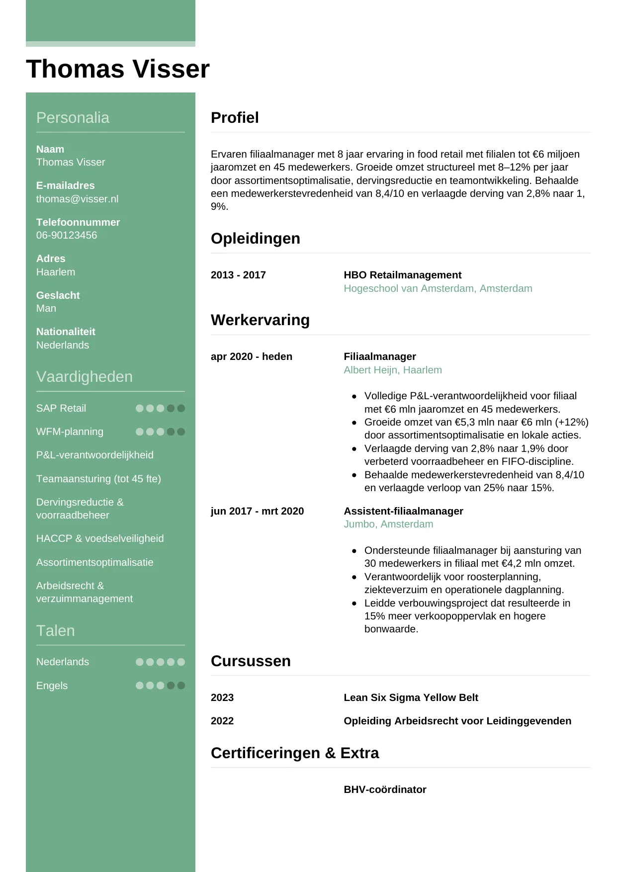 Voorbeeld CV voor filiaalmanager in template Casual. CV Casual voor filiaalmanager