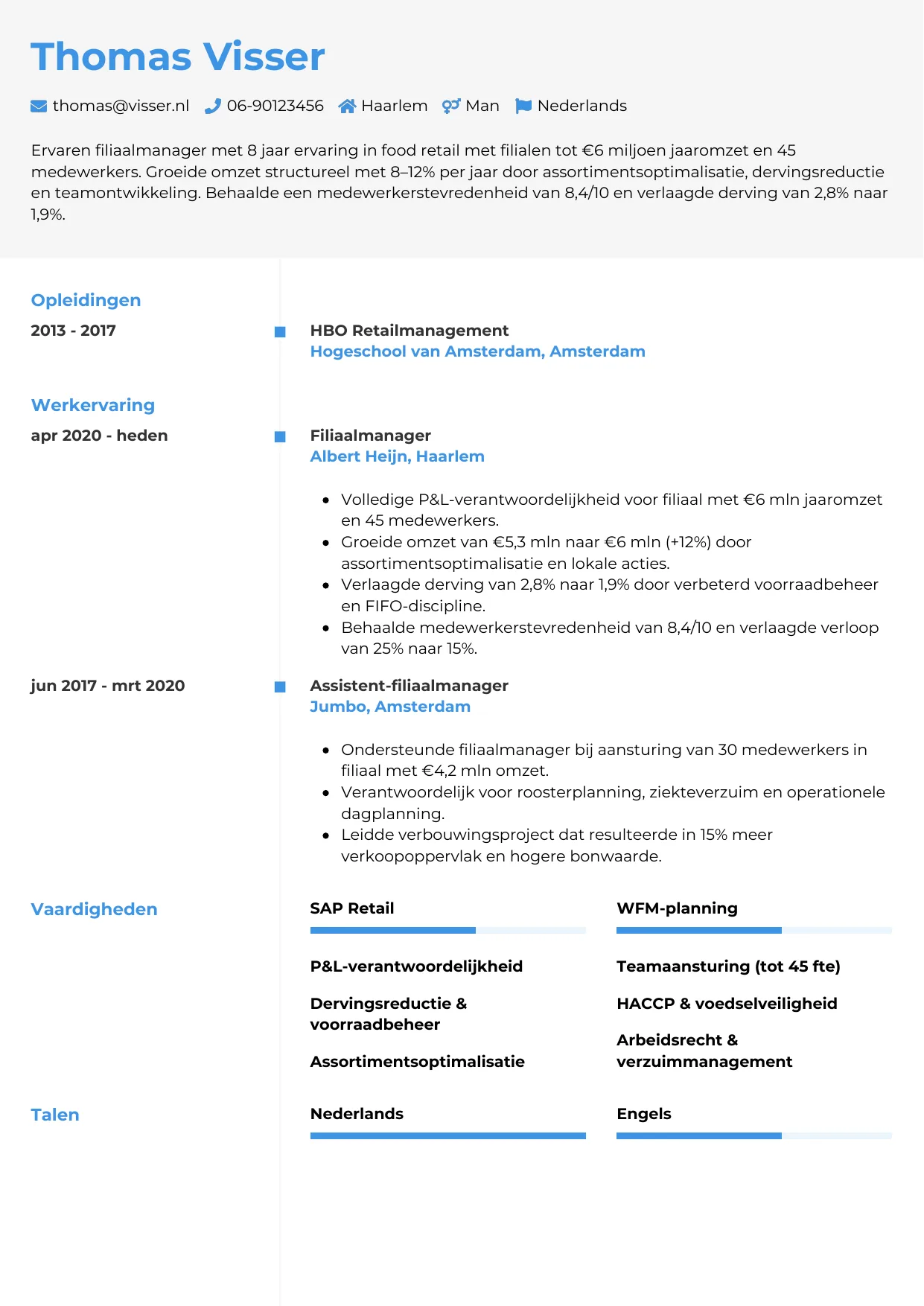Voorbeeld CV voor filiaalmanager in template Chrono. CV Chrono voor filiaalmanager