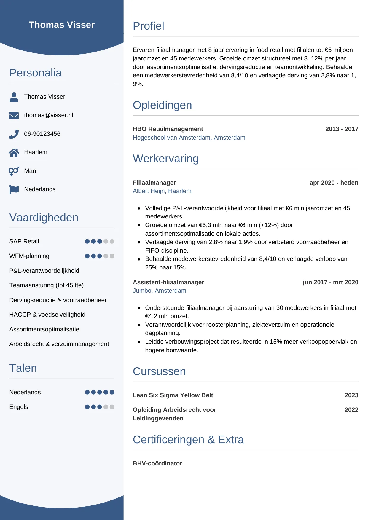 Voorbeeld CV voor filiaalmanager in template Circulair. CV Circulair voor filiaalmanager