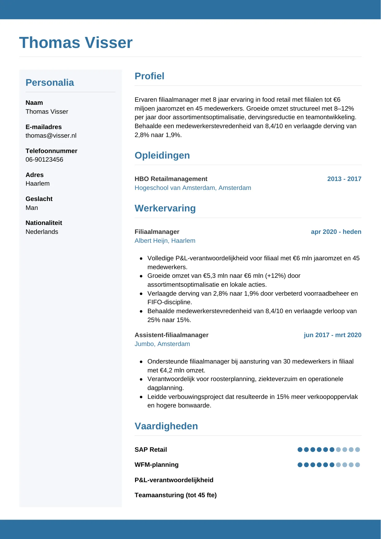 Voorbeeld CV voor filiaalmanager in template Horizontaal. CV Horizontaal voor filiaalmanager