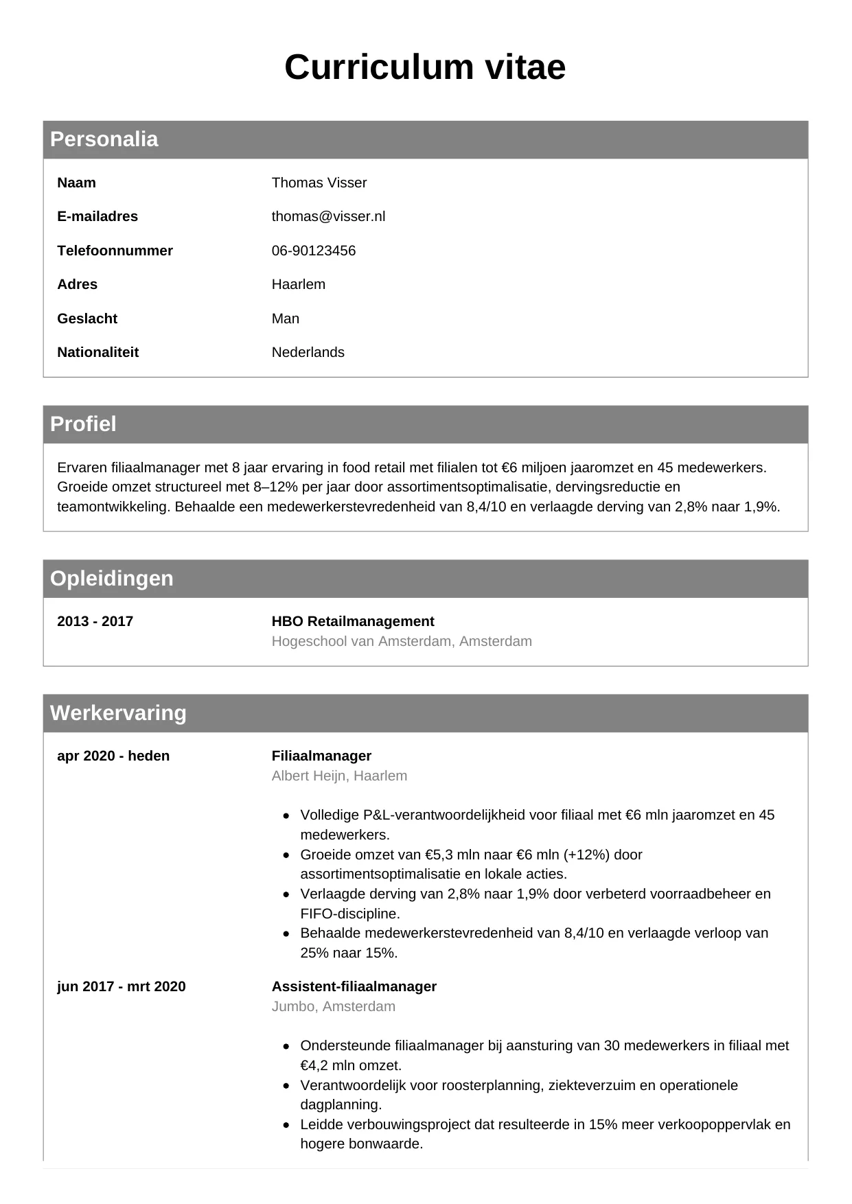 Voorbeeld CV voor filiaalmanager in template Klassiek. CV Klassiek voor filiaalmanager