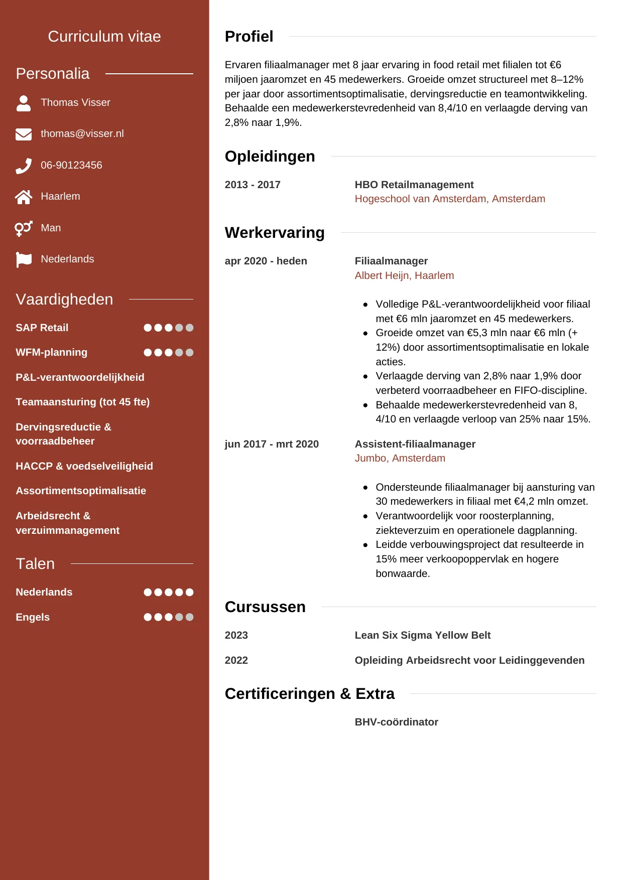 Voorbeeld CV voor filiaalmanager in template Modern. CV Modern voor filiaalmanager