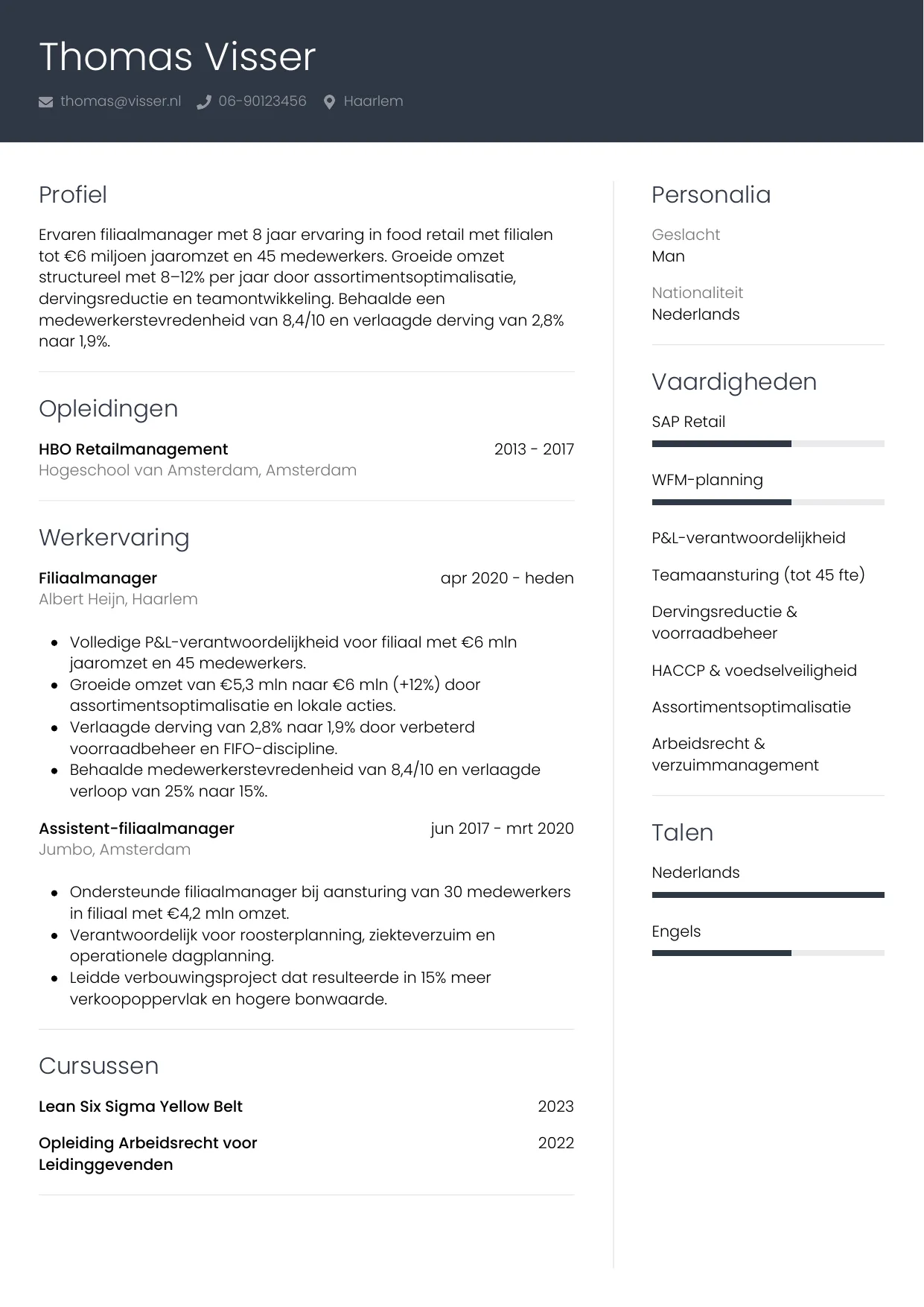 Voorbeeld CV voor filiaalmanager in template Professioneel. CV Professioneel voor filiaalmanager