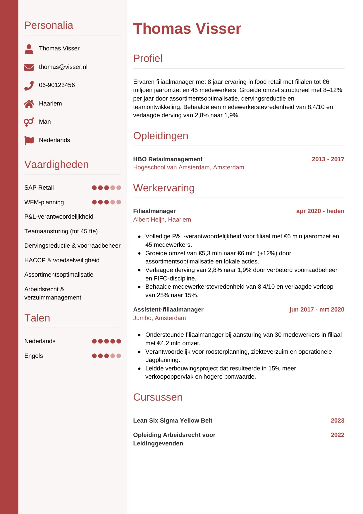 Voorbeeld CV voor filiaalmanager in template Verticaal. CV Verticaal voor filiaalmanager
