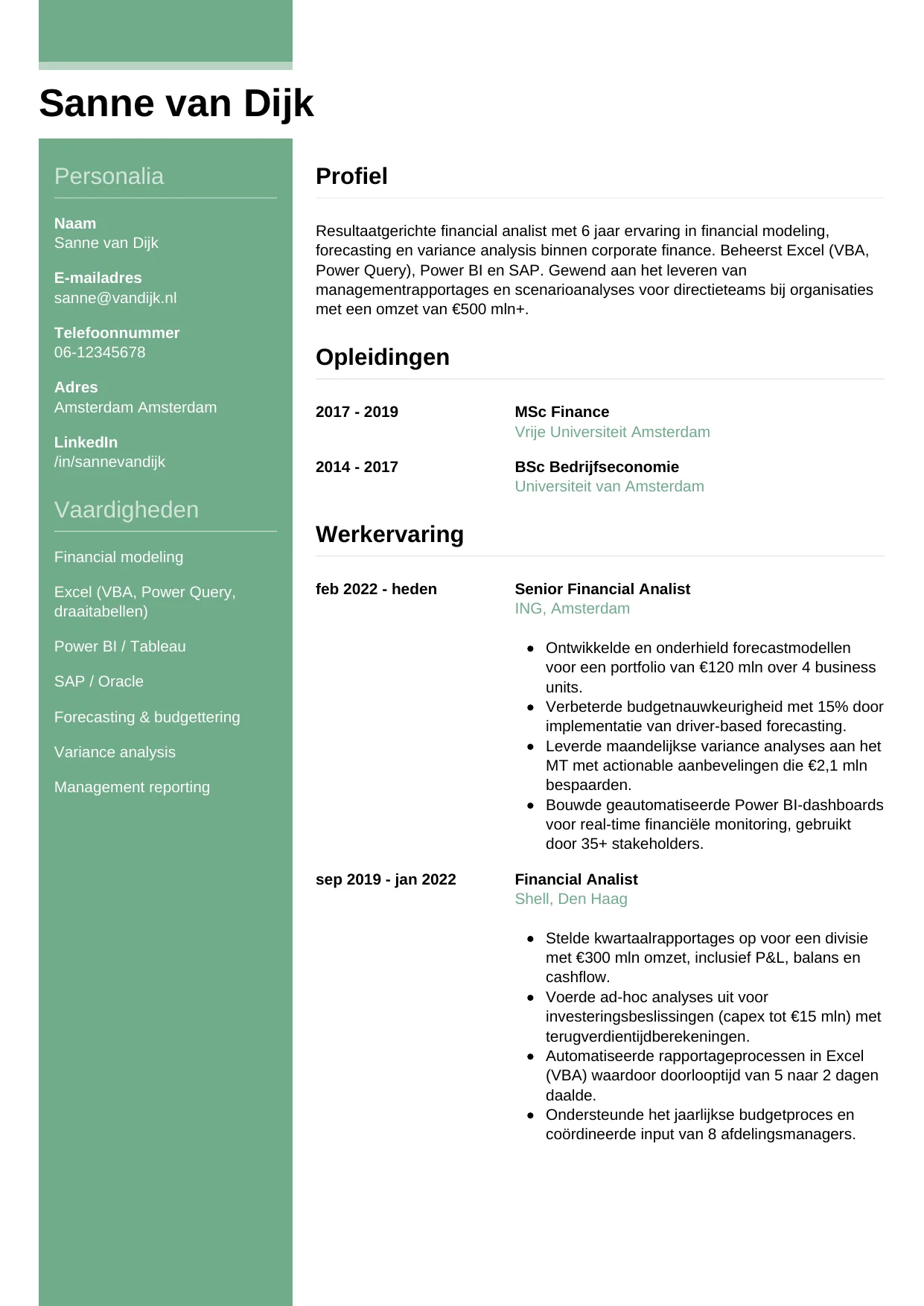 Voorbeeld CV voor financial analist in template Casual. CV Casual voor financial analist