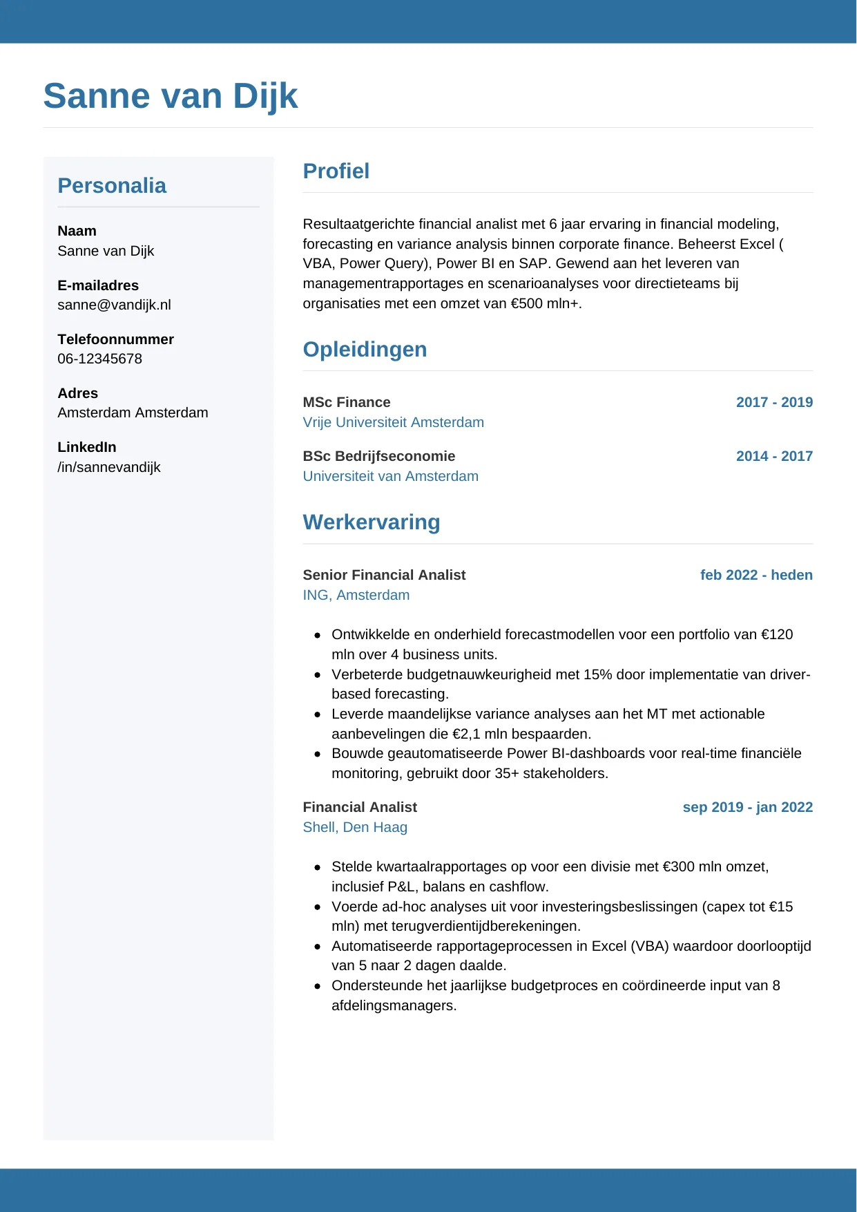 Voorbeeld CV voor financial analist in template Horizontaal. CV Horizontaal voor financial analist