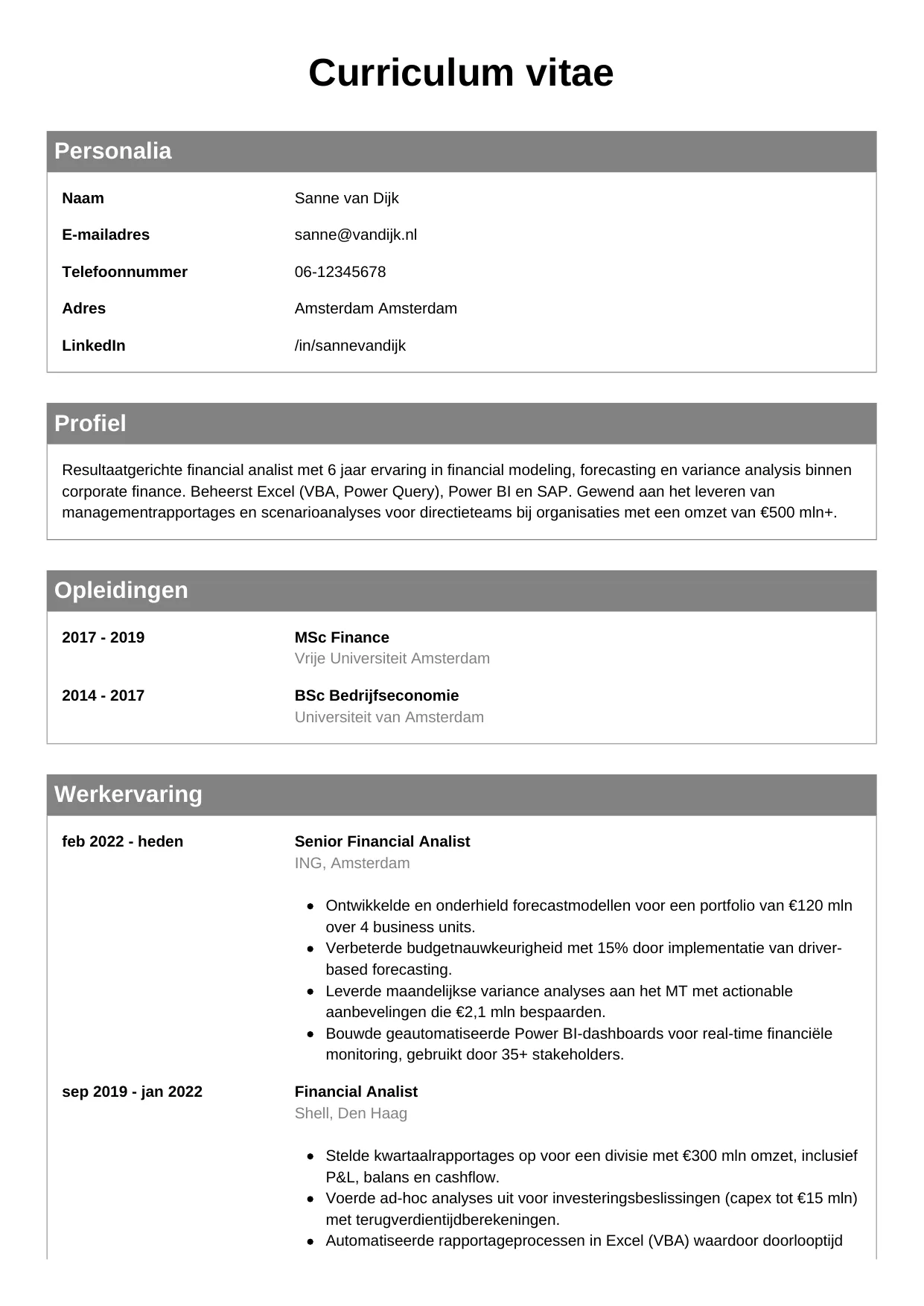 Voorbeeld CV voor financial analist in template Klassiek. CV Klassiek voor financial analist