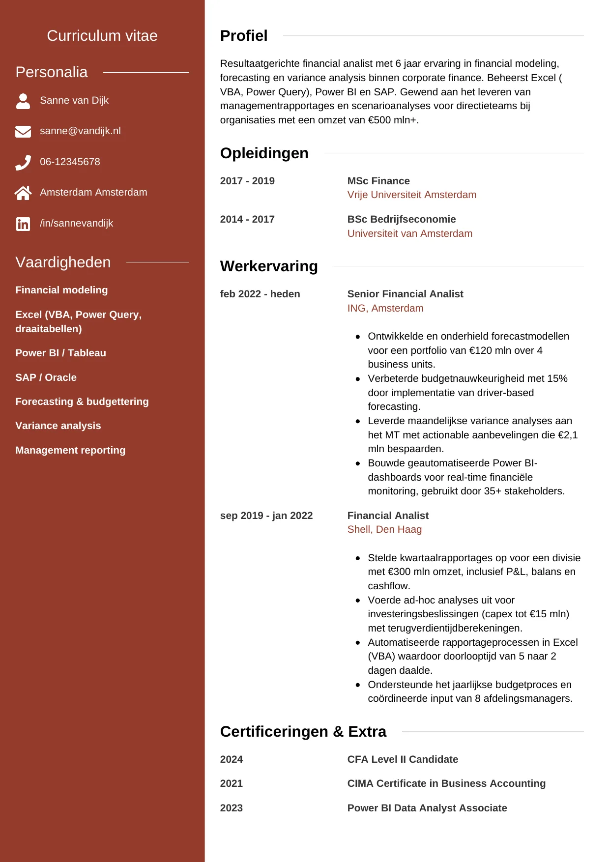 Voorbeeld CV voor financial analist in template Modern. CV Modern voor financial analist