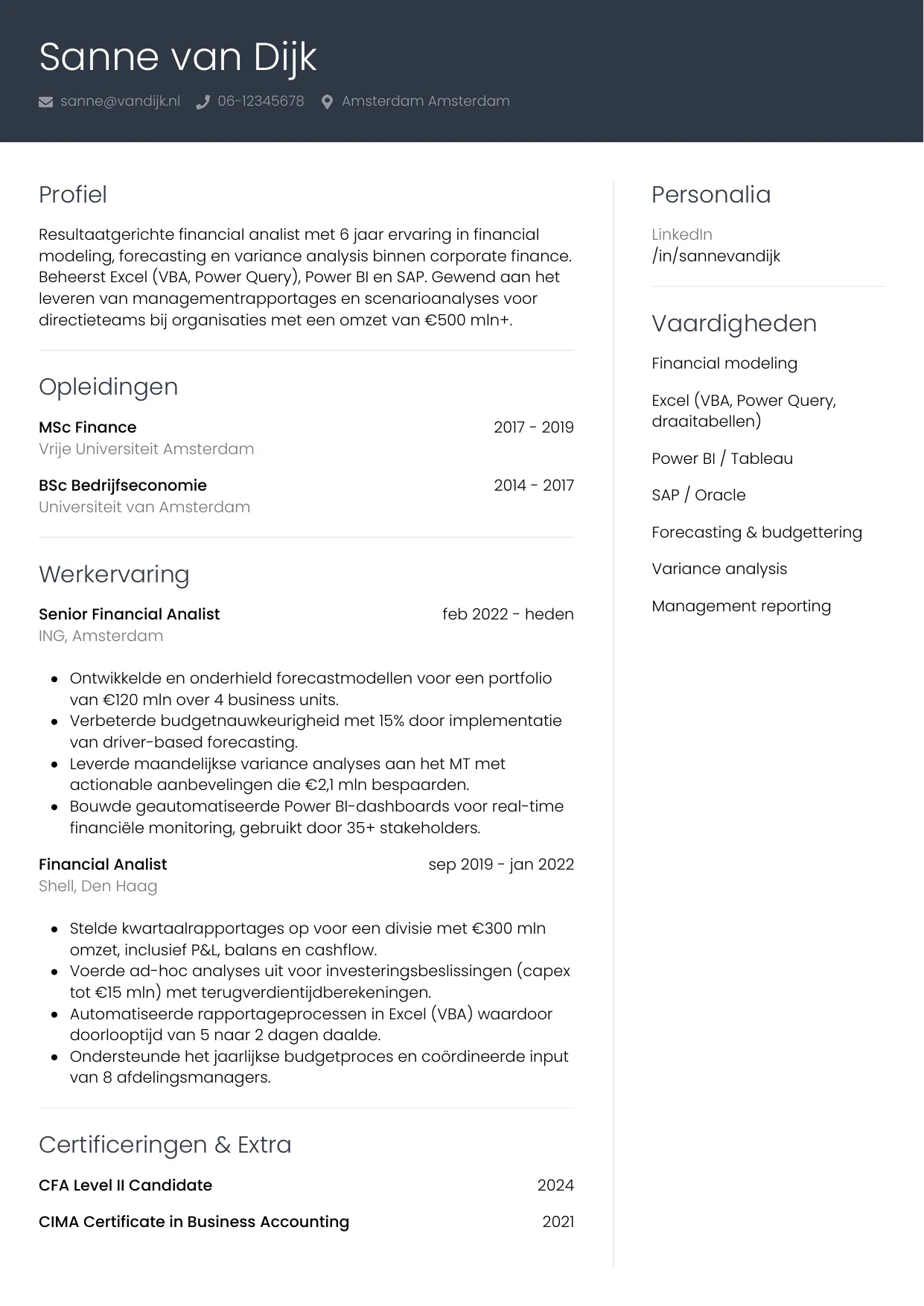 Voorbeeld CV voor financial analist in template Professioneel. CV Professioneel voor financial analist