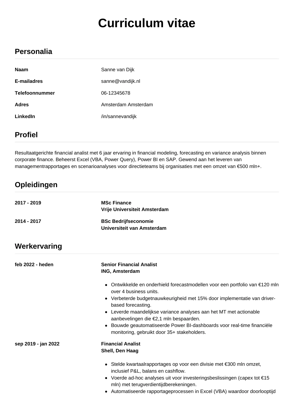 Voorbeeld CV voor financial analist in template Simpel. CV Simpel voor financial analist