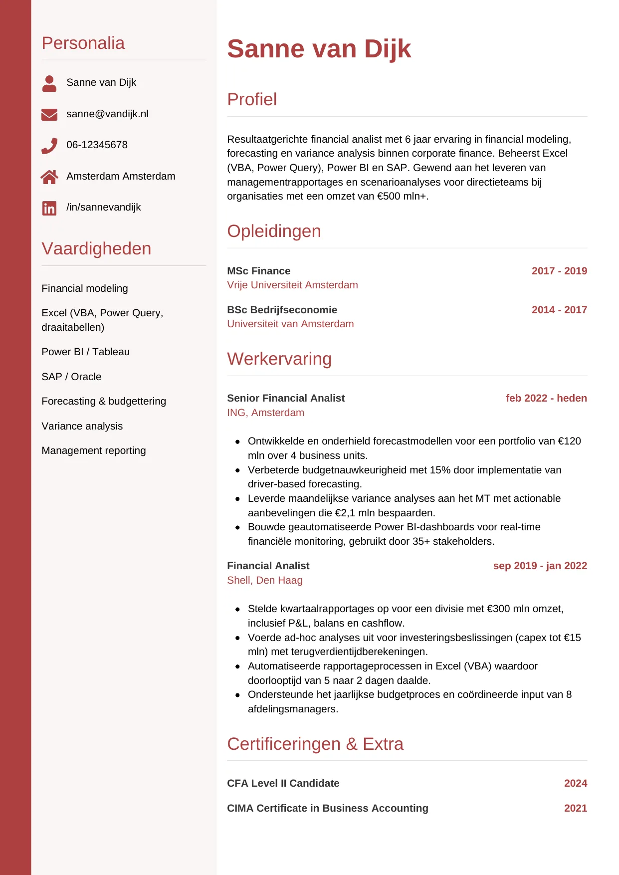 Voorbeeld CV voor financial analist in template Verticaal. CV Verticaal voor financial analist